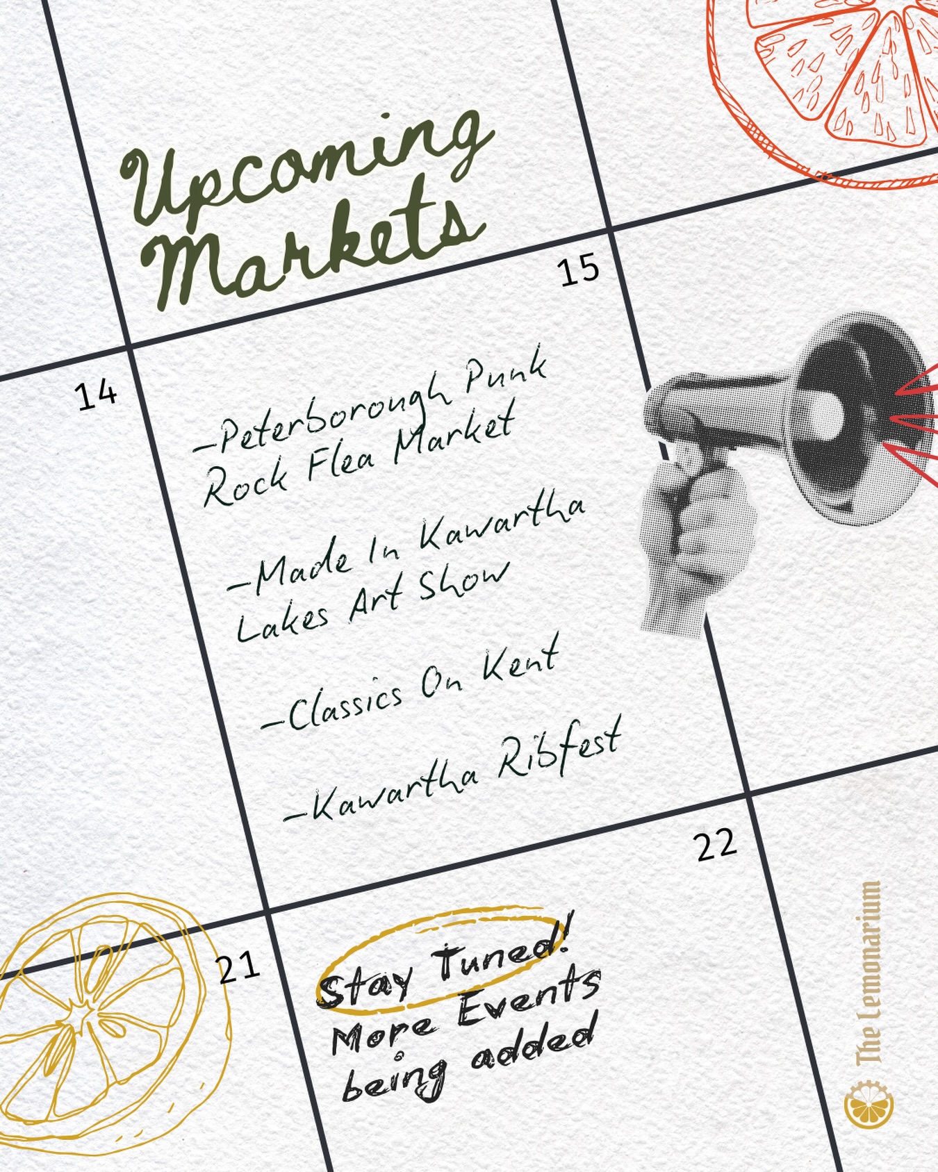 Upcoming Markets and Events Alert! 📣🍋🍊🍋🟩
May 17: Peterborough Punk Rock Flea Market
May 23-24: Made in Kawartha Lakes Art Show and Sale
July 19: Classics on Kent
August 21-23: Kawartha Ribfest
Be sure to mark your calendars!! We can’t wait to see you!
#thelemonarium #cirtusdrinks #popupmarket #lemonade