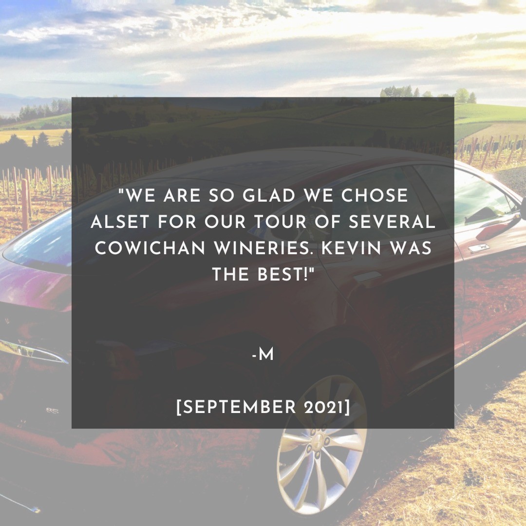 💬 “My wife and I just returned from our anniversary trip to Victoria. We are so glad we chose Alset for our tour of several Cowichan wineries. Kevin was the best! He was a great help in customizing our experience and giving recommendations. He picked us up (on time) at our Airbnb which was a must for a wine tour. Not only did he drive us to the wineries for our private tastings, he also took several pictures for us, picked up a special charcuterie board and made sure we were set up with the staff before leaving us to enjoy each winery. Along the way, he gave us great history and geography lessons on the island. All in a beautiful electric car. Thanks again, Kevin!”
Thanks so much for your comprehensive review M! Check out Alset Tours on @TripAdvisor to read more about our services. 🌟
👉 Give us a call to book today or visit our website - link in bio!
📆Sept 2021
•
•
•
•
#regenerate #alsettours #electrictourism #agritourismo #explorebc #bcwinetour #bcwine #canadianfoodie #explorepnw #pnwonderland #ethicaltourism #naturetravel #farmstay #vancouverisland #explorevancouverisland #modelx #solarpanels #solarpower #solar #victoriabc #yyj #eatlocal #smallbusinessyyj #supportlocalyyj #tripadvisor