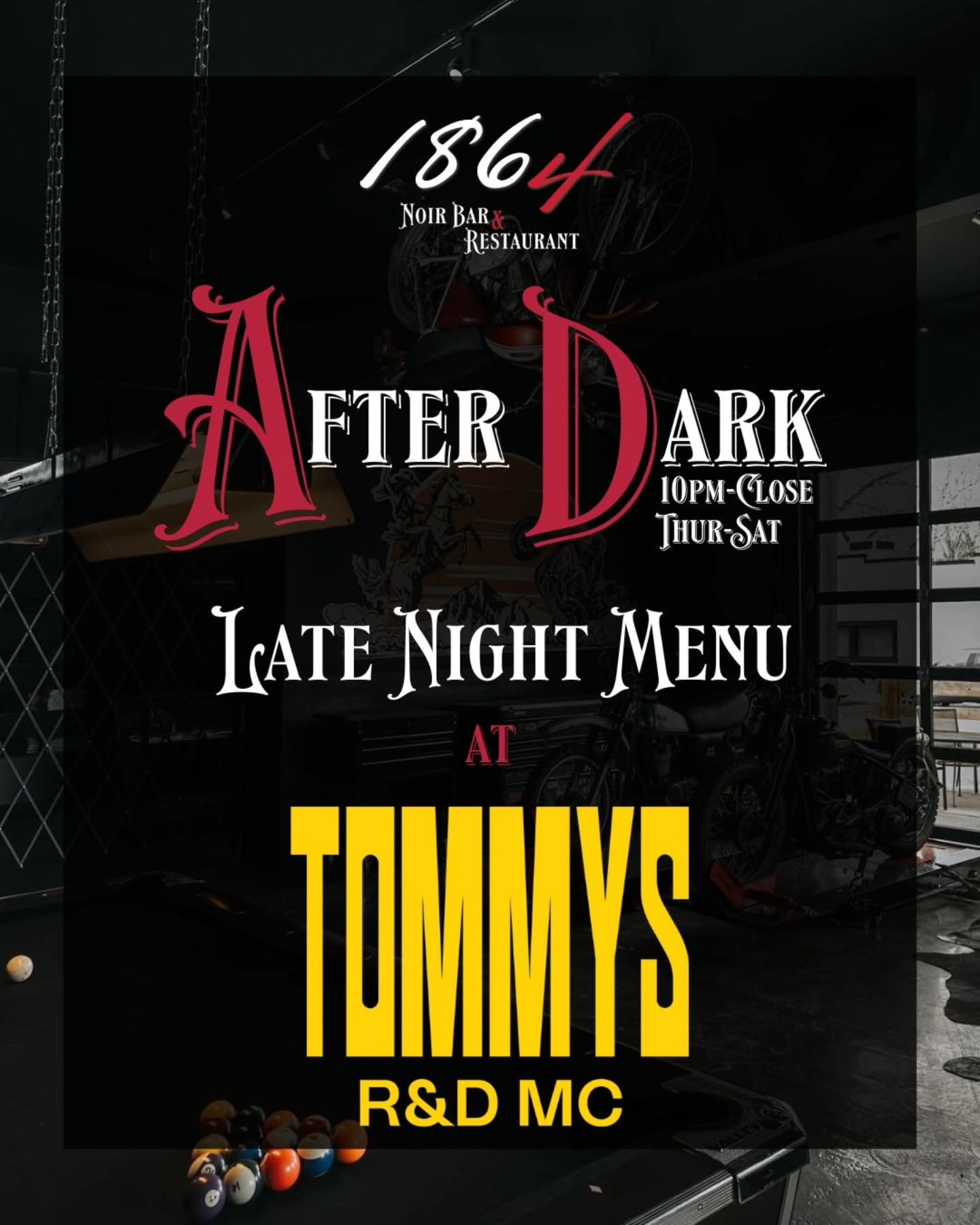 🌙🔥 Late Night Collaboration 🔥🌙
1864 Noir Bar x Tommy’s R&D MC
Two iconic spots. One late-night menu.
Now serving 1864's After Dark Menu with bold, crave-worthy favorites for your late nights.
📞 Delivery orders accepted through 1864
Call: (406) 404-1066
🕙 10PM–Close | Thursday–Saturday
Because Bozeman nights deserve real food. 🖤🍔🌙
#1864NoirBar #TommysRDMC #AfterDarkMenu #BozemanLateNight #BozemanEats