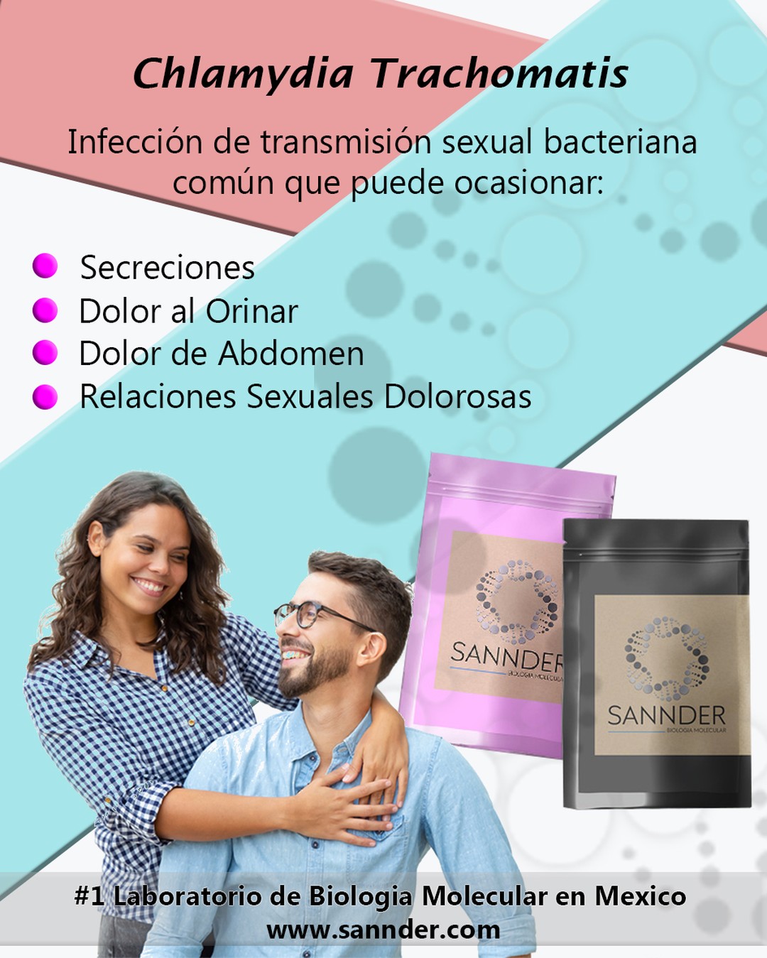 La infección por Chlamydia es una infección de transmisión sexual común, es ocasionada por una bacteria y requiere de un correcto diagnóstico y tratamiento para evitar complicaciones.
Vérité Santé detecta el ADN de la bacteria Chlamydia Trachomatis y otros 9 patógenos por PCR, la técnica mas confiable y moderna.
#ets #its #STD #chlamydia #PCR #checate #cuidate #laboratorio #Sannder #biologiamolecular