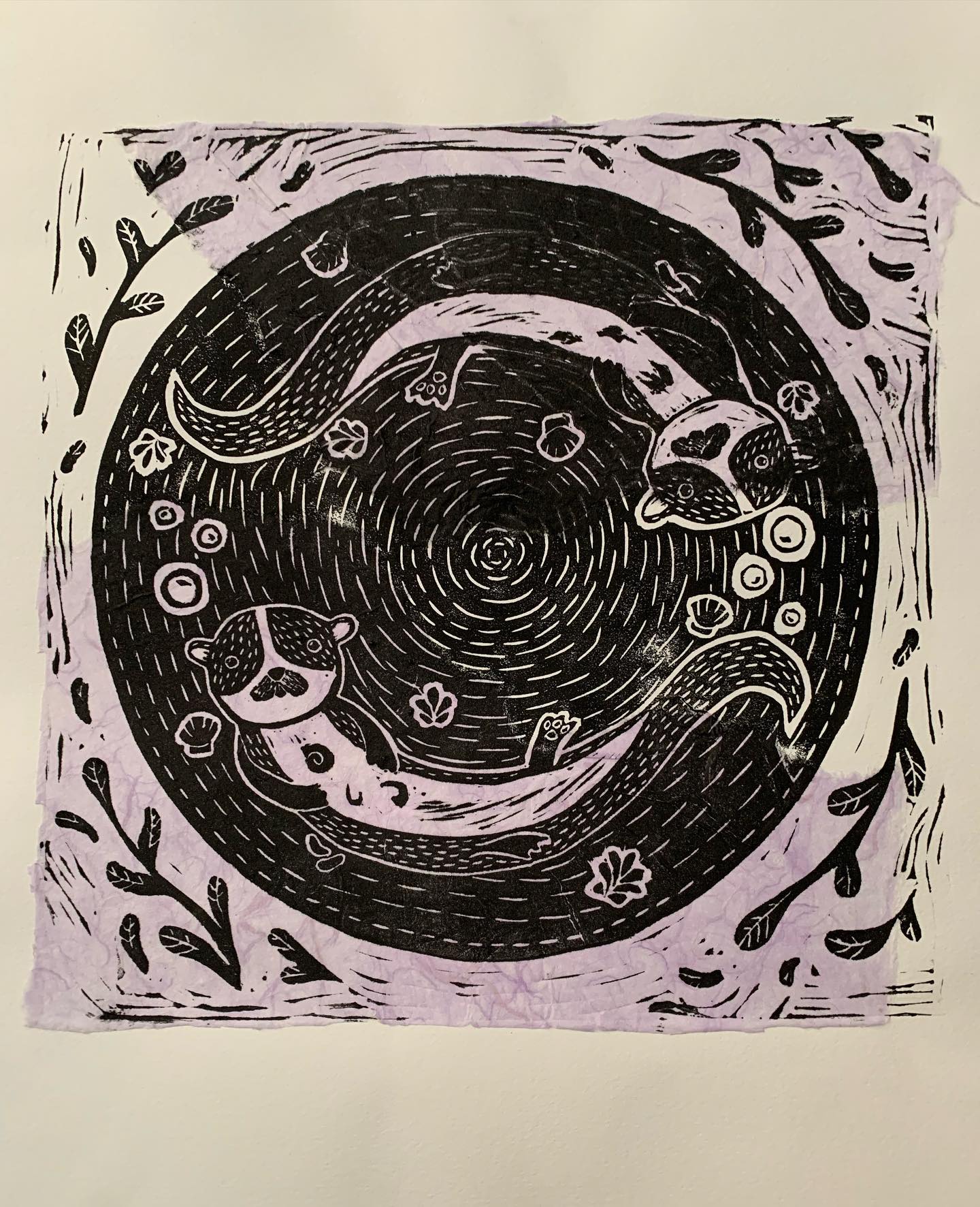 Still have some art that I haven’t posted😅 here are my lovely otters made with a linoleum block print and chine colle :)