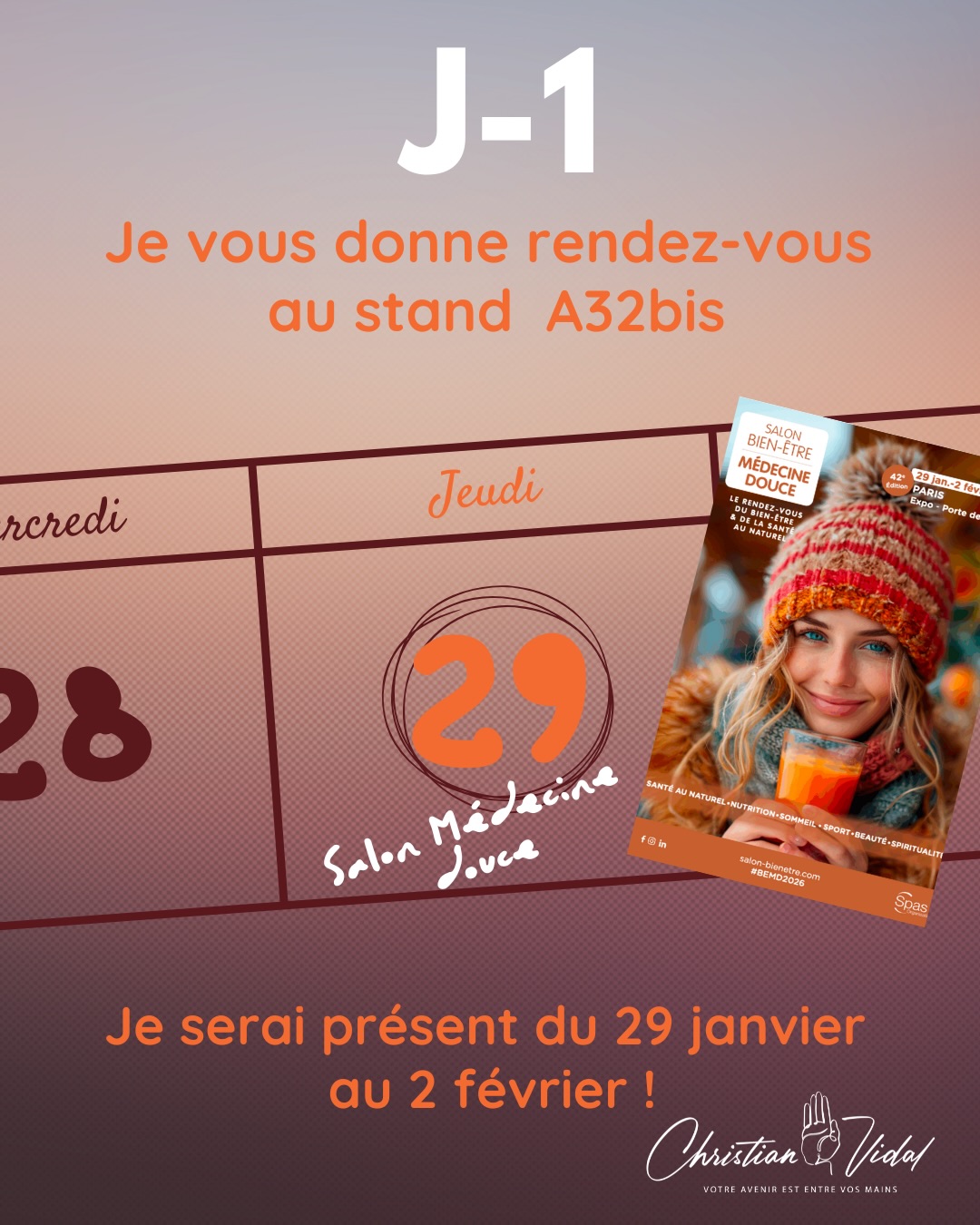 ✨ Rendez-vous à Paris à Porte de Versailles
Du 29 janvier au 2 février 2026, je serai présent au Salon Bien-être & Médecines Douces – 42ᵉ édition
📍 Paris Expo – Porte de Versailles
🪑 Stand A32bis
Durant toute la durée du salon, je vous accueillerai sur mon stand pour échanger autour de la chiromancie : la lecture des lignes de la main, leur symbolique, leur compréhension et ce qu’elles révèlent de votre parcours.
👉 Pour la première fois, je ne donnerai pas de conférence.
Le choix a été fait de privilégier les rencontres individuelles, les échanges directs et les discussions approfondies, dans un cadre plus intime et plus humain.
📅 29 janvier → 2 février 2026
📍 Paris Expo – Porte de Versailles
🪑 Stand A32bis
Au plaisir de vous y retrouver et de vous rencontrer autrement.
Christian