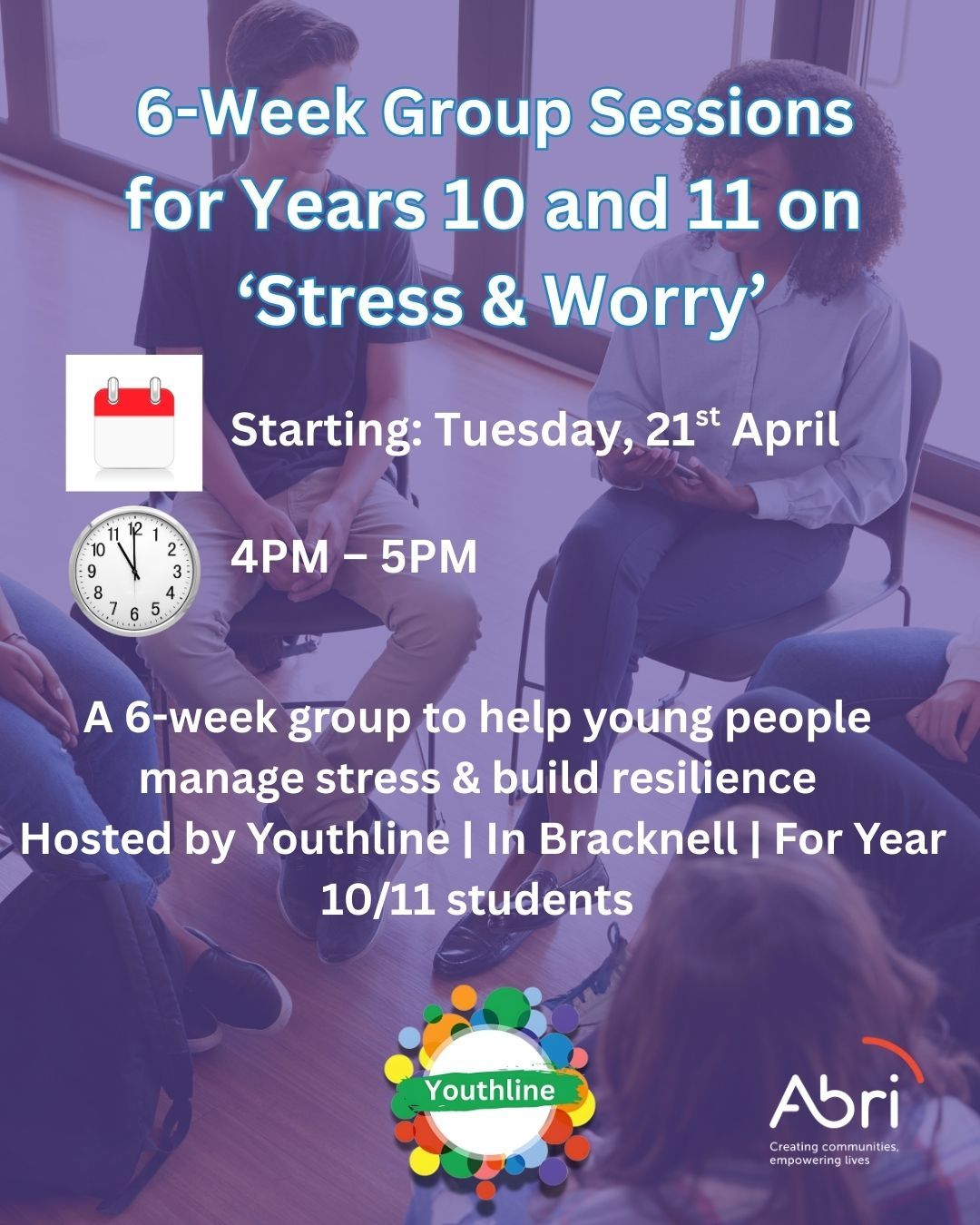 Stress & Worry Workshop (Years 10 & 11)
Are you a young person feeling overwhelmed by stress or worry?
Youthline is running a six-week Stress and Worry Workshop designed to help young people better understand their emotions and learn practical ways to cope.
The group offers a safe, supportive and relaxed space where young people can:
Learn how stress and worry affect the mind and body
Pick up simple, practical tools to manage anxiety
Connect with other young people who may feel similar
Be supported by trained and experienced facilitators
Details:
📅 Every Tuesday, 4–5pm
📍 Portman Close, Bracknell
🗓 Starts Tuesday 21st April 2026 (runs for 6 weeks)
👥 For young people in Years 10 & 11
🔒 Maximum of 10 participants (small, supportive group)
If you’re interested or would like to find out more, please get in touch or register here: https://www.youthlineuk.com/group-work