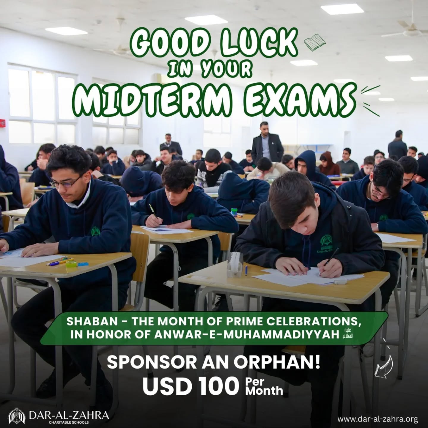 Sending prayers and "good luck" to our students during midterm week! ๐โจ
In these auspicious days of Shaban, as we celebrate the births of our Holy Imams (a.s), letโs turn our gratitude into action. What better way to honor their legacy than by uplifting an orphan in need?
By sponsoring an orphan for $100 per month, you provide more than just a mealโyou give the gift of education and personality development ๐
"The best of houses is the house in which an orphan is treated with kindness." โ Hazrat Muhammad (saww)
To sponsor an orphan contact us or visit our website www.dar-al-zahra.org