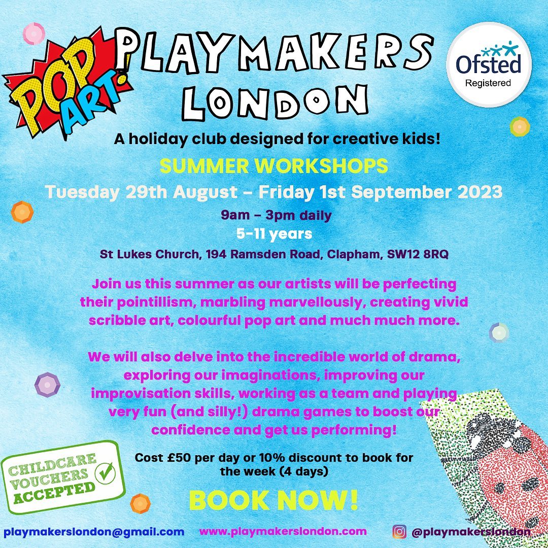 Due to popular demand we are back this summer 🥳🤩!
We will be running Playmakers Summer Workshops from Tuesday 29th August - Friday 1st September! 9am-3pm, ages 5-11 welcome at St Luke’s Church, Clapham.
If you would like to book a place, drop me an email playmakerslondon@gmail.com
🎉🎉🎉
