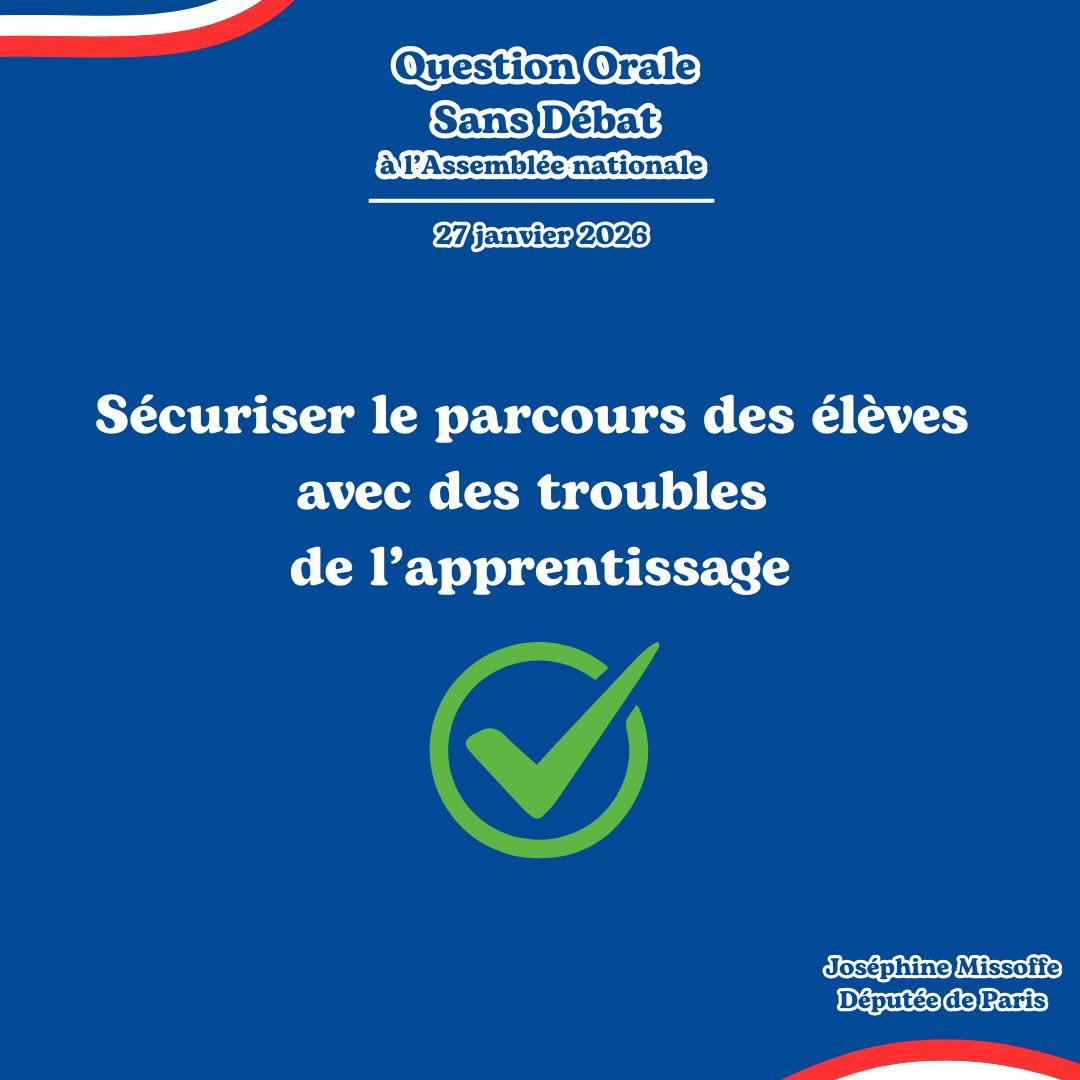 🎓✅ Troubles de l’apprentissage : une avancée concrète pour l’égalité des élèves
J’ai interpellé le ministre de l’Éducation nationale @edouard_geffray sur les difficultés rencontrées par des élèves présentant des troubles du neurodéveloppement, notamment dans l’enseignement privé sous contrat, pour accéder aux aménagements des examens nationaux.
➡️ Le ministre l’a confirmé : le cadre réglementaire va évoluer.
📜Le décret sera modifié à la rentrée 2026 afin de permettre la mise en place d’un Plan d’Accompagnement Personnalisé (PAP) dès lors qu’un diagnostic de trouble de l’apprentissage est établi, ❌ sans visa du médecin de l’Éducation nationale.
🏫 Les rectorats seront mobilisés pour renforcer l’information des chefs d’établissement, dans le public comme dans le privé sous contrat, et garantir une application homogène des droits des élèves.
C’est une évolution essentielle pour sécuriser les parcours scolaires et mettre fin aux inégalités de traitement entre élèves sur l’ensemble du territoire.
👉 Cette avancée est le fruit des alertes des familles - que je remercie pour leur confiance, de l’engagement des professionnels et du travail parlementaire.
Je resterai pleinement mobilisée pour en suivre la mise en œuvre.
#QOSD #AssembleeNationale #EcoleInclusive #PAP #TND