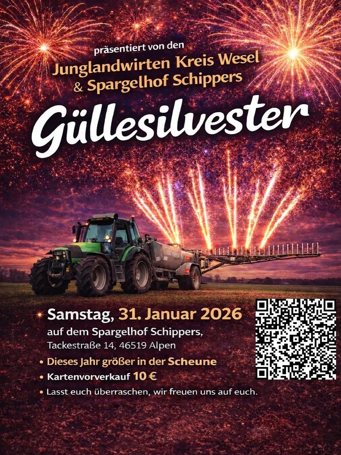 🎆 GEWINNSPIEL – GÜLLESILVESTER 2026 🎆
Sichere dir jetzt deine Chance auf Tickets + ein Paket Claas Likör on top! 🍾
👉 So nimmst du teil:
✅ Beitrag liken
👥 2 Freunde markieren, mit denen du feiern willst
📲 Beitrag in deiner Story teilen (erhöht deine Gewinnchance!)
🎁 Zu gewinnen:
🎫 3 x 3 Tickets für das Güllesilvester 2026
➕ 1 Paket Claas Likör gratis dazu!
📅 Samstag, 31. Januar 2026
📍 Spargelhof Schippers – Alpen
⏰ Auslosung: Donnerstag um 17:00 Uhr
📩 Der Gewinner wird per Direktnachricht auf Instagram sowie in unserer Story bekannt gegeben
Viel Glück! 🍀🎇