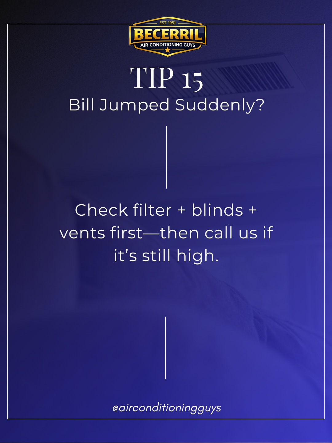 📈💸 Bill jumped suddenly? Check filter + blinds + vents first. 📩 DM “BILL” and we’ll look.
#ElCentro #ImperialValley #EnergySavings #HVACService #Homeowners #acguys