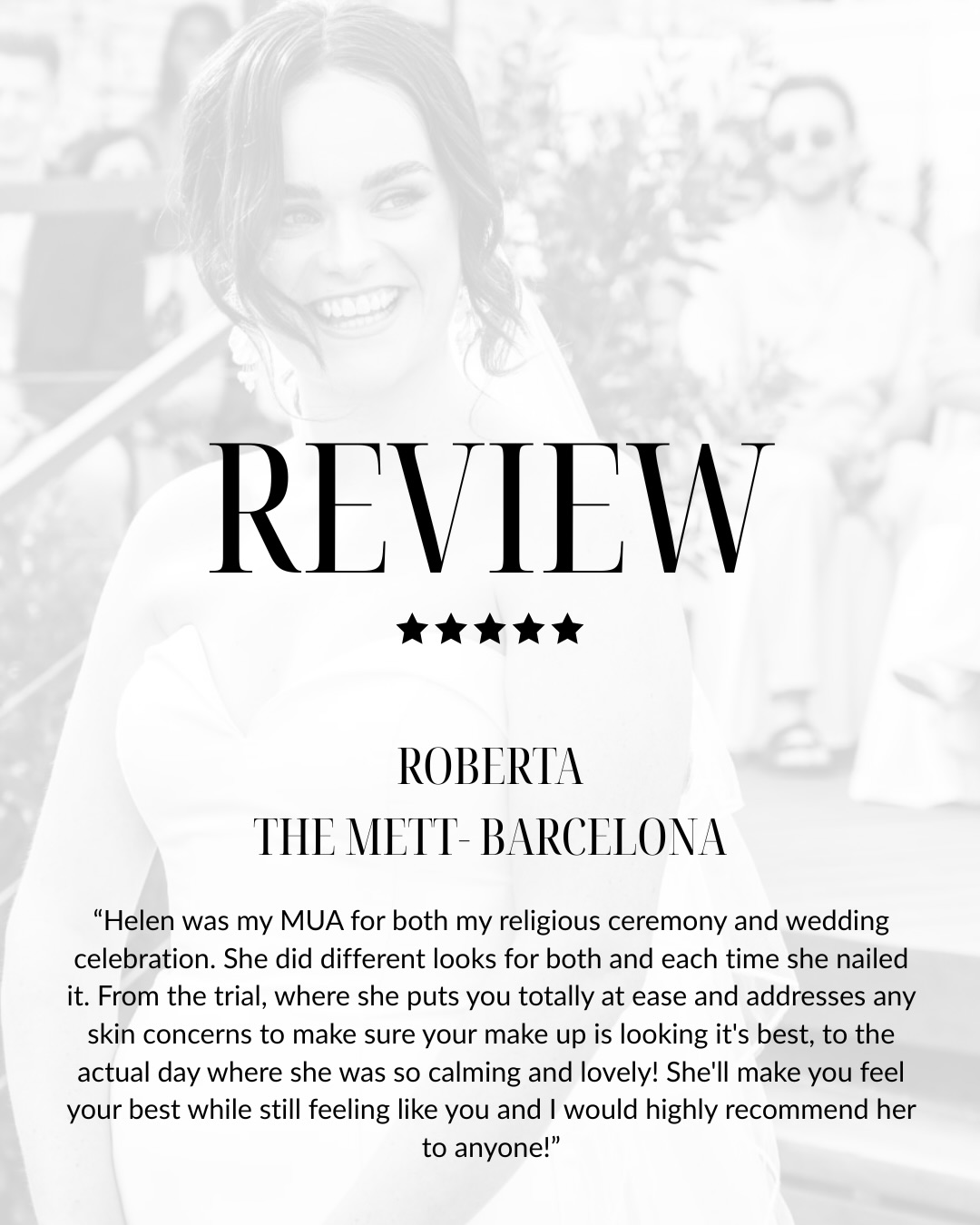 🤍Roberta
THE METT- BARCELONA
“Helen was my MUA for both my religious ceremony and wedding celebration.
She did different looks for both and each time she nailed it.
From the trial, where she puts you totally at ease and addresses any skin concerns to make sure your make up is looking it’s best, to the actual day where she was so calming and lovely! She’ll make you feel your best while still feeling like you and I would highly recommend her to anyone!”
#destinationweddingplanner #destinationweddings #destinationmakeupartist #barcelonawedding #bridalmakeupartist