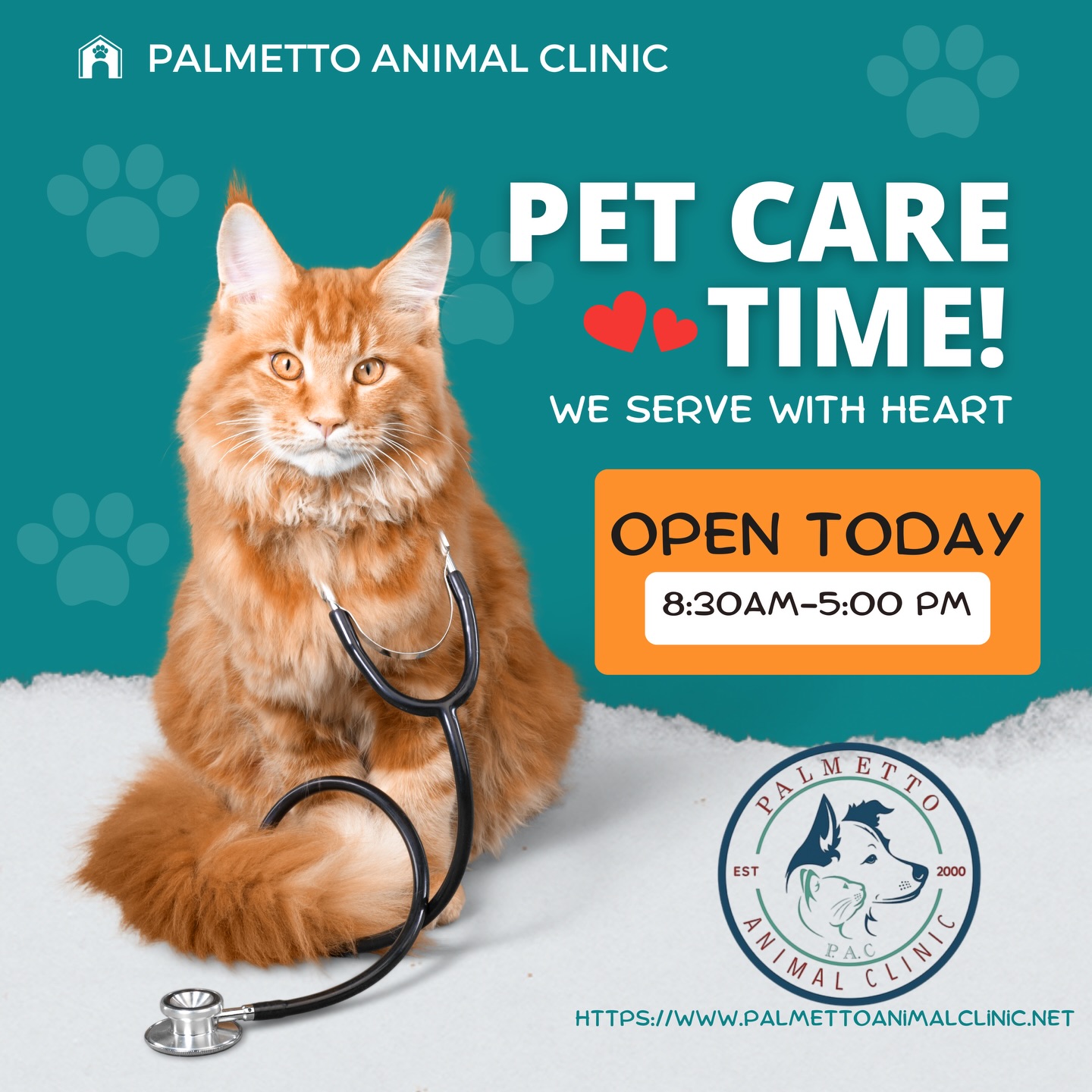 🐾 ¡Hora de cuidar a tu mascota! 🐾
Hoy estamos ABIERTOS y listos para atender a tus peluditos con amor y dedicación ❤️
🕗 8:30 AM – 5:00 PM
📍 Palmetto Animal Clinic
🌐 www.palmettoanimalclinic.net
