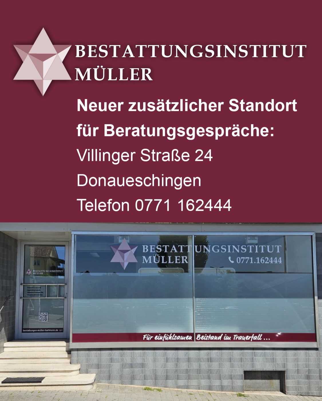 Herzlich willkommen an unserem neuen Beratungsstandort in Donaueschingen Villinger Strasse 24. Erfahren Sie Entlastung & Unterstützung. Für einfühlsamen Beistand im Trauerfall.. 🌿 #donaueschingen #baddürrheim #bräunlingen #beratung #begleitung #entlastung #vorsorge #bestattung #trauerfall ⏰ 24 h #soforthilfe #24hsoforthilfe 📞 01607436052 #bestattungsinstitutmueller
