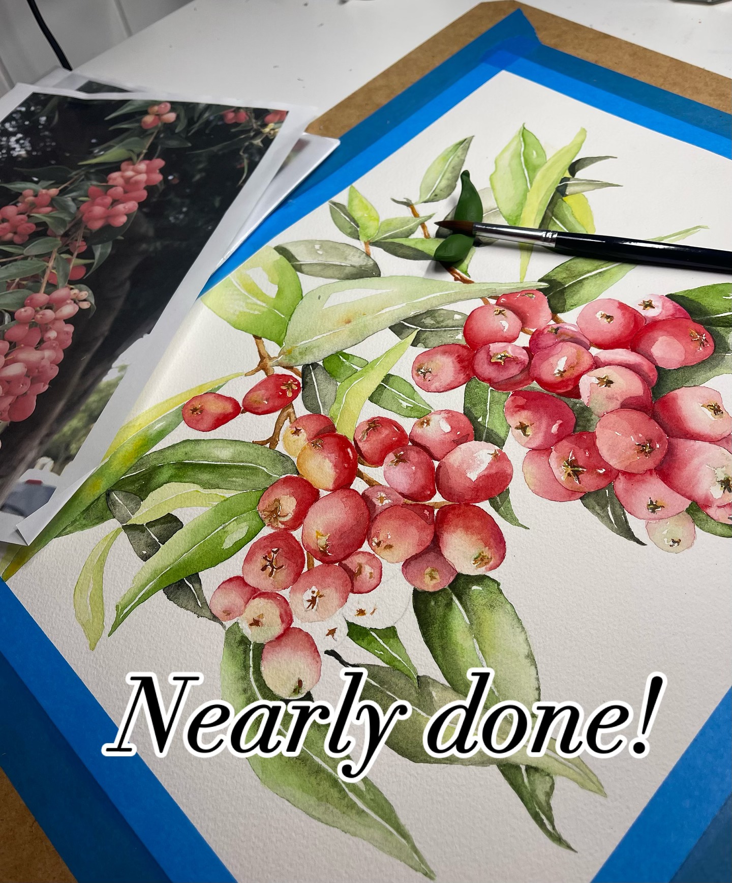 Nearly finished my berries!! Not for Christmas although colours are pretty seasonal. 💚❤️📖
Arches A3 size & W&N paint
#watercolourart #watercoloutartist #brisbaneartist # painting #watercolourpainting #christmascolours #archespaper #redberries