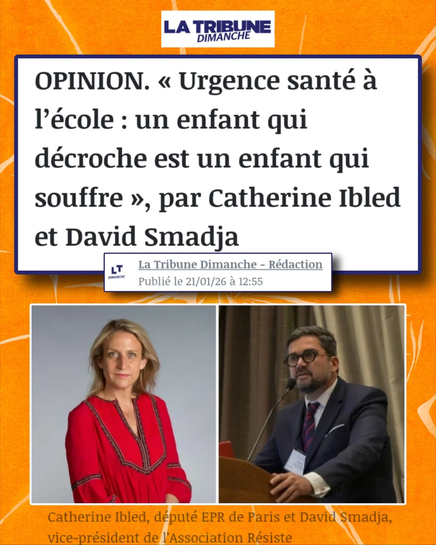 🧵 Urgence santé à l’école : un enfant qui décroche est un enfant qui souffre (OPINION C. Ibled & Dr D. Smadja)
🎒 Absentéisme, santé mentale, harcèlement… et #CovidLongPediatrique : l’école est en 1ère ligne ⬇️
📊7 % des collégiens et lycéens publics sont en absentéisme injustifié régulier (≥ 4 demi-journées/mois)
🗣« Derrière ce chiffre, il y a des trajectoires qui basculent : chute des résultats, perte de confiance, décrochage progressif. »
🚨Harcèlement scolaire : > 700 000 élèves concernés
👉Absentéisme 2x plus élevé chez les victimes
👉Harcèlement prolongé sur les réseaux
🗣 « L’école devient pour certains un espace d’insécurité permanente. »
🦠 #CovidLongPediatrique : entre 15 000 et 30 000 enfants touchés
Symptômes persistants :
- Fatigue intense
- Troubles cognitifs et de concentration
- Difficultés scolaires durables
⚠️Une réalité encore trop invisibilisée dans les politiques éducatives
📊Ces constats de terrain sont confirmés par la science.
Une vaste étude des CDC américains montre que les enfants atteints de #CovidLong ont :
👉2,5x plus de risque d’absentéisme scolaire chronique
👉plus de troubles cognitifs et psychosociaux
🧵 Données détaillées ci-dessous ⬇️
📌 Source : Emerging Infectious Diseases (CDC)
📅 Données 2022–2023
👧🧒 Échantillon : 11 057 enfants 5–17 ans
Comparaison : enfants avec vs sans #CovidLong
📊Environ 1,4 % des enfants d’âge scolaire ont ou ont eu un #CovidLong
➡️Les adolescents sont plus touchés
➡️Les filles sont touchées de manière disproportionnée
Le CovidLong pédiatrique est une réalité populationnelle mesurable
🏫Les enfants atteints de CovidLong ont un risque 2,5x plus élevé d’absentéisme scolaire chronique🚨
Résultat ajusté sur :
- Origine ethnique
- Niveau d’éducation des parents
📅Parmi les enfants avec CovidLong :
➡️ 10,7 % ont manqué >30 jours d’école sur l’année écoulée
➡️ 13,9 % ont manqué >18 jours
Des absences prolongées, incompatibles avec un suivi scolaire classique
🧠Les enfants avec CovidLong présentent 2x plus de troubles cognitifs :
➡️Mémoire : 18,3 % vs 8,6 %
➡️Concentration : 14,3 % vs 7,7 %
➡️Apprentissage : 19,8 % vs 10,4 %
@assoc_covidlongenfants @sosenfantscovidlong
⏬Suite en COM⏬