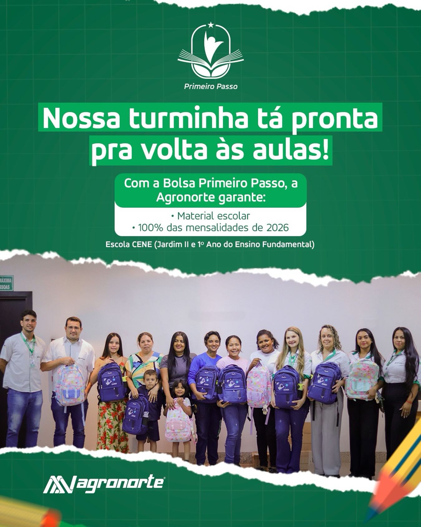 Educação é cuidado, oportunidade e futuro.
Por isso, a Agronorte criou o Programa Bolsa Primeiro Passo: uma iniciativa que apoia os filhos dos colaboradores desde os primeiros anos escolares, garantindo material completo e bolsa integral na Escola CENE. Mais do que estudar, é crescer com apoio, carinho e segurança.
Porque quando a empresa cuida das famílias, o futuro floresce.
#BolsaPrimeiroPasso #Agronorte #EducaçãoQueTransforma
#InvestindoNoFuturo #OrgulhoDeSerAgronorte #FamíliaAgronorte #MaisOportunidades