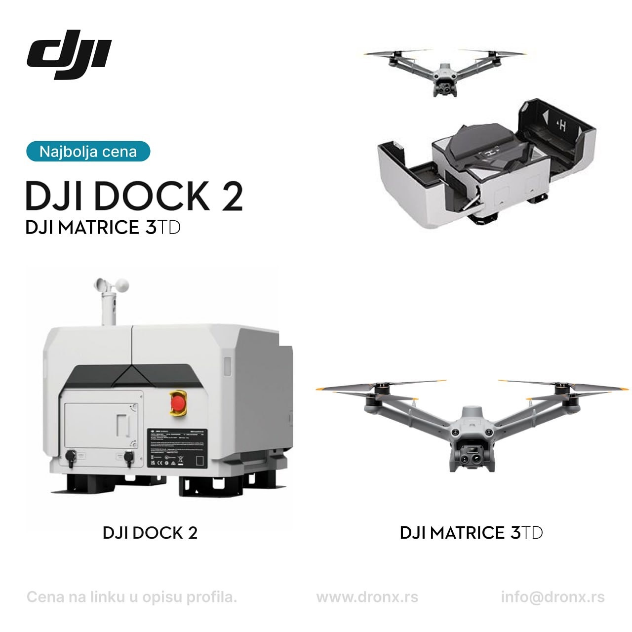 DJI Dock 2 Mavic 3TD Bundle
💰U opisu profila imate link na kom mozete da pogledate sve CENE dronova i opreme, tako će vam biti najlakše da pogledate/uporedite sve što vas zanima. Za sva dodatna pitanja nam slobodno pišite ili nas pozovite.
✅ Prodaja DJI Enterprise dronova i dodatne opreme direktno od ovlašćenog distributera.
📦 Proizvodi su poslati direktno iz fabrike, u originalnim kutijama i vi ih prvi otvarate.
🔍 Budite slobodni da pitate sve što vas zanima, svaki vid dogovora je moguć.
👍 Zapratite nas na društvenim mrežama kako biste ispratili sva dešavanja i povoljnosti koje nudimo.
DRONX DOO
DJI Enterprise Beograd
Adresa: Aviv Park, 11050 Zvezdara, Beograd
Mobilni: +381692421857
Mail: info@dronx. rs
IG: @dronx.prodaja i @dronx.usluge i @share_uav_cameras
RADNO VREME:
Radnim danima i vikendom od 08:00 - 20:00h