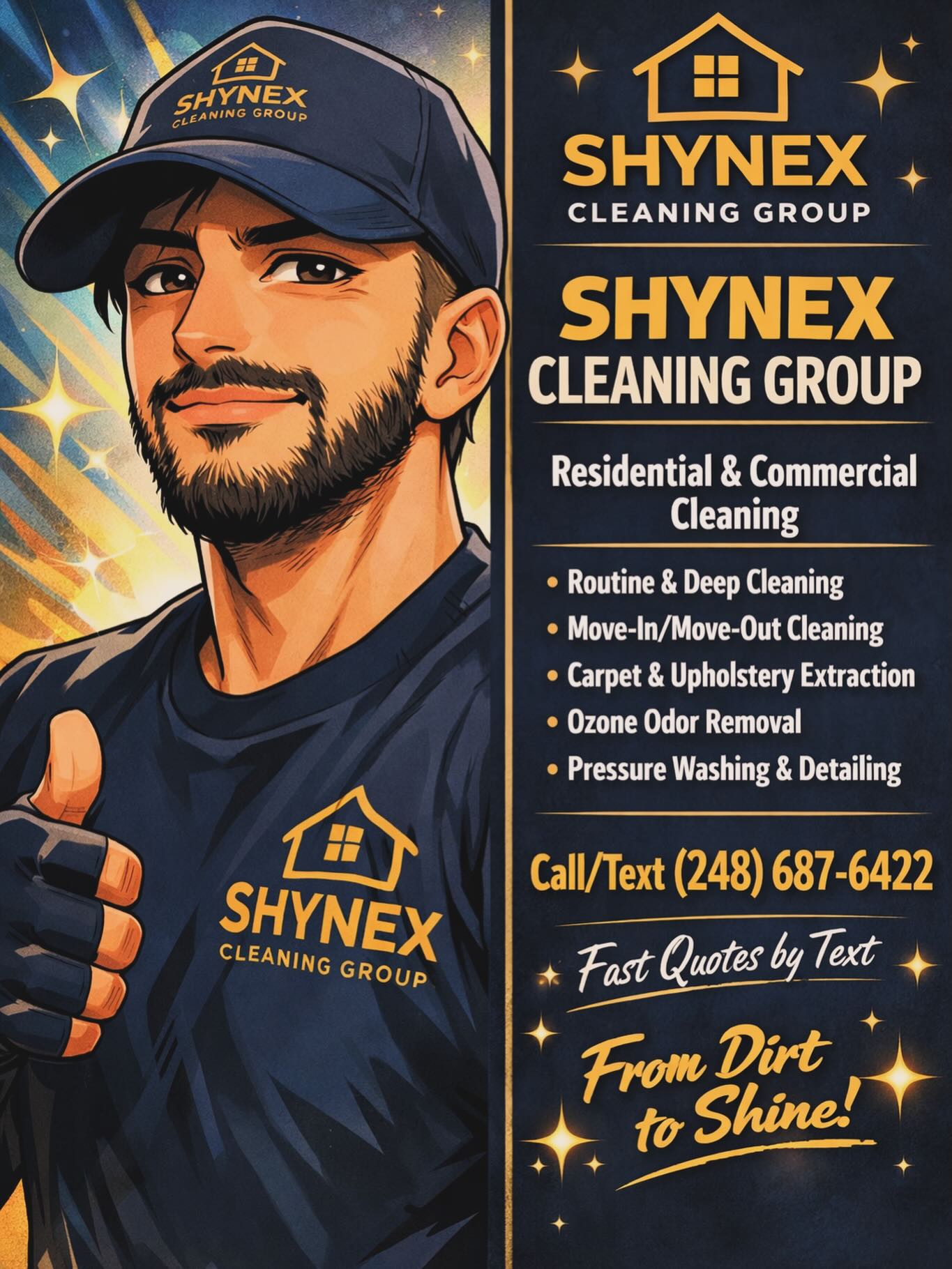 Shynex Cleaning Group is now booking!
Residential & Commercial Cleaning • Deep Cleaning • Move-In/Out
Carpet & Upholstery Extraction • Ozone Odor Removal • Pressure Washing • Detailing
📞 Call/Text (248) 687-6422