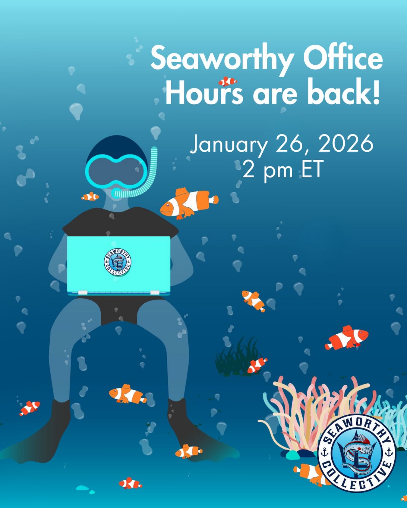 Join us on January 26, 2026 for our first office hours session of the year. This is the perfect opportunity speak with the Seaworthy team and learn more about Cohort 7!
Click the link in the bio to register.
#seaworthycollective #officehours #startups #entrepreneurs #blueeconomy