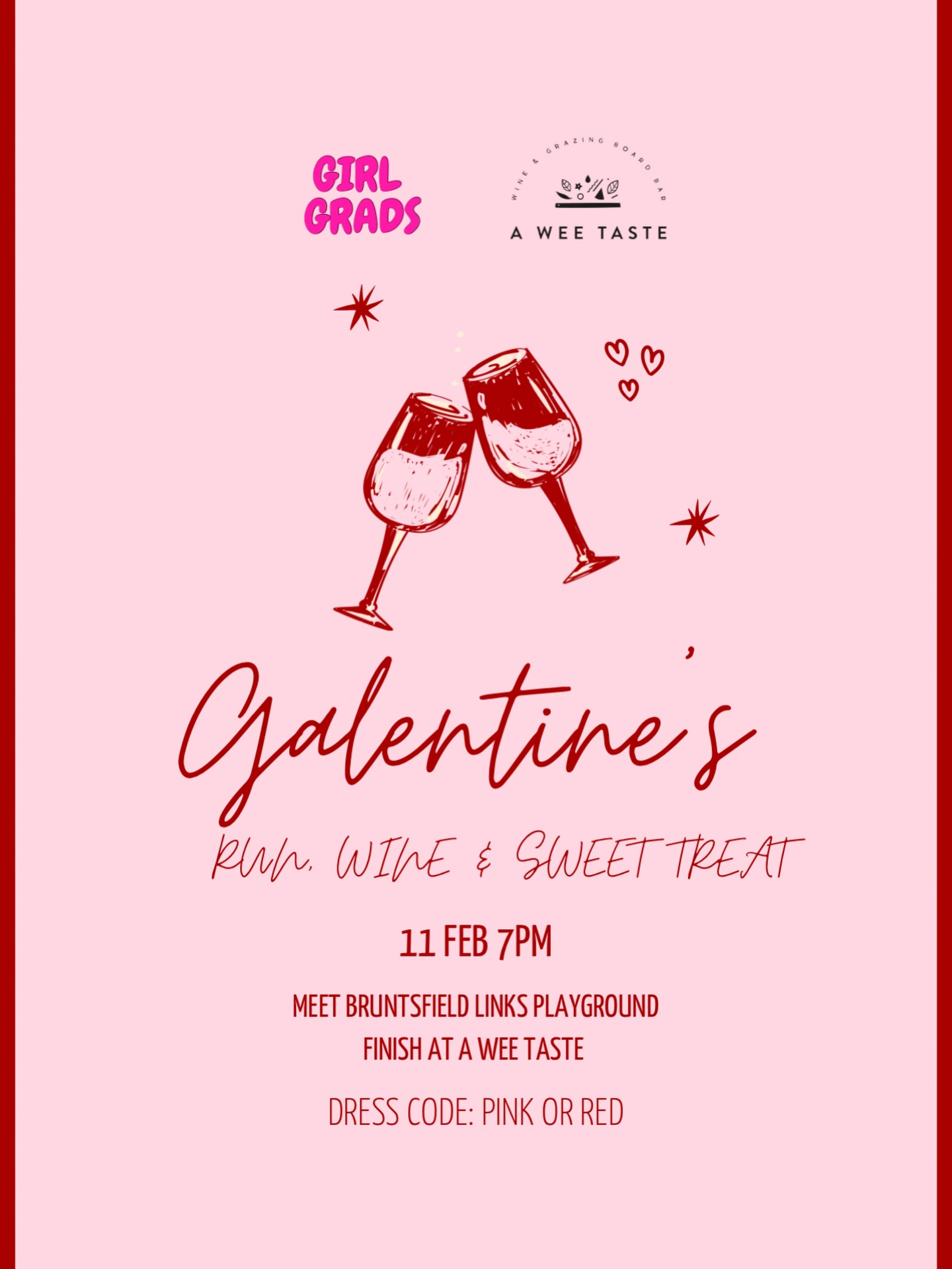 Galentines… run, wine & sweet treat 🩷🩷🩷
Join us on Wednesday 11th Feb for a social 5k run followed by a glass of wine & sweet treat @aweetasteofedinburgh 🍷
Tickets go live via girlgrads.com👇🏻
Members Saturday 24th Jan 8am - £8
Non-members Sunday 25th Jan 8am - £12