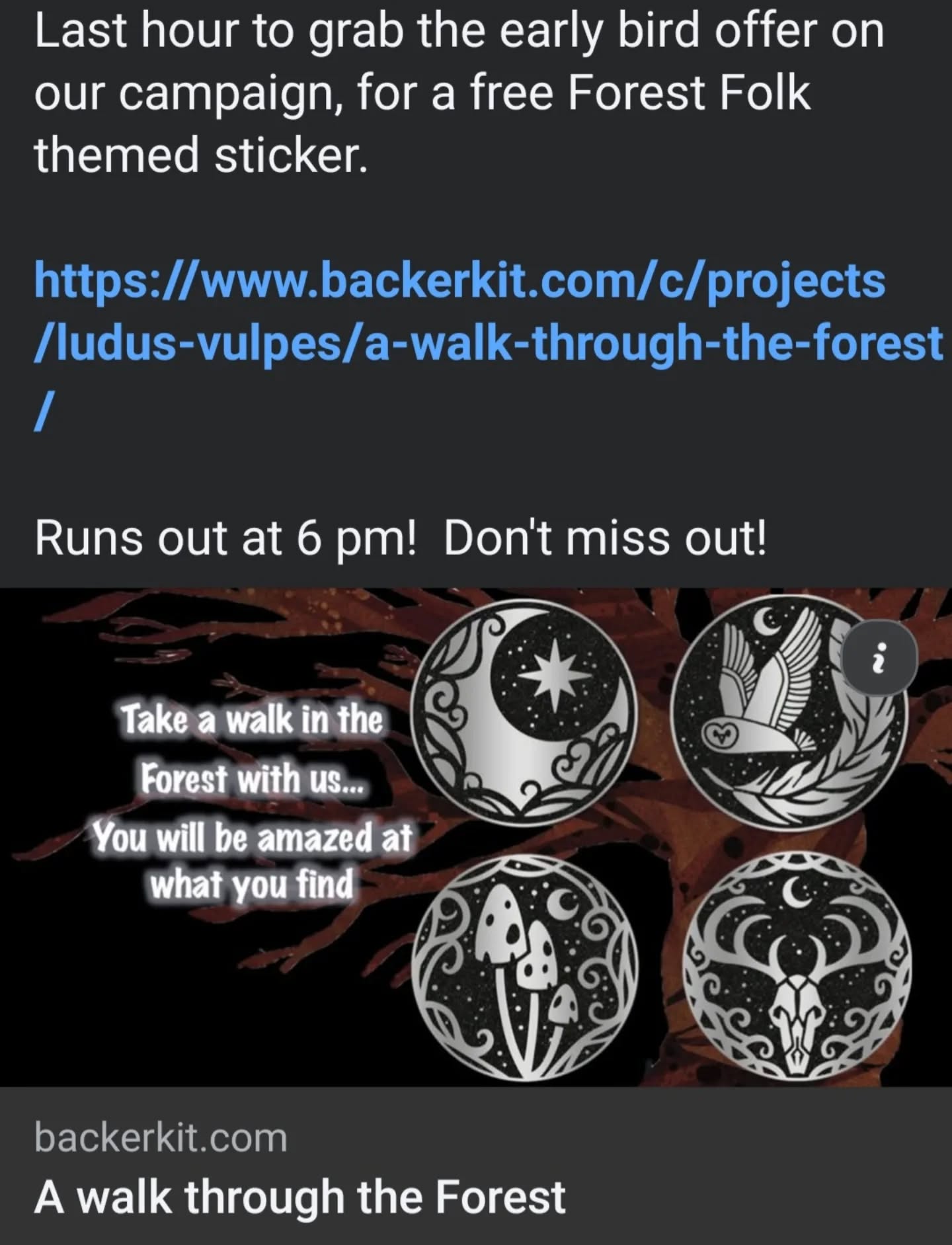 Just search for A walk through the Forest on Backerkit (or Ludus Vulpes) 😊