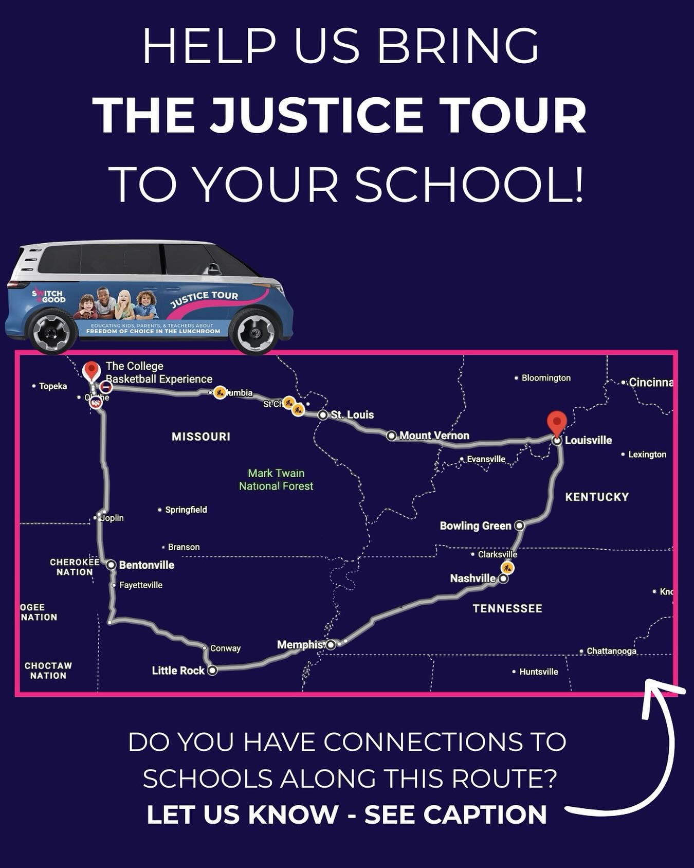 CALL FOR SUPPORT 🗣️‼️ This spring we’re hitting the road with The Justice Tour, a movement for truth, health and equality that will visit 6th‑11th graders across the country. Our team of Olympic and professional athletes will lead one‑hour interactive assemblies packed with games, stories and science‑based lessons about plant‑based nutrition. We’ll show students that choosing plant milk benefits their bodies, their communities and the planet.
WE NEED YOU ➡️ We have the curriculum, the team and the drive—but we need an “in” at each school. If you live along our route (SEE GRAPHIC) and have a connection to a school, whether you’re a teacher, staff member, parent, student, or have a child, niece, nephew or cousin in school, LET US KNOW!
Please fill out the short form via the link in our bio and we’ll take it from there!
Thank you for being part of our community and for helping us roll out this historic tour. Together we can change lunchrooms across America forever!