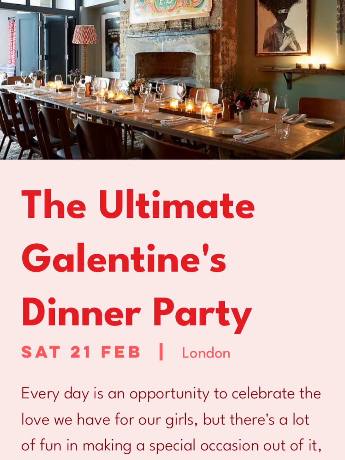 Will you be our Galentines? 💖🥂
Celebrating friendship and girlhood is important, so we’re hosting a special event where we will do just that… 🫶
Join @roveandfrolic for the Ultimate Galentine’s Dinner Party held in @artistresidence’s gorgeous private dining space where we will endlessly sip on wine, enjoy a stunning meal, write Galentine’s cards to ourselves & our besties + make our own bouquets. 💐
You’re so wanted and welcome, so use the link in the bio or find us on @findyourcliq for further details & to register. We can’t wait to celebrate together 💌