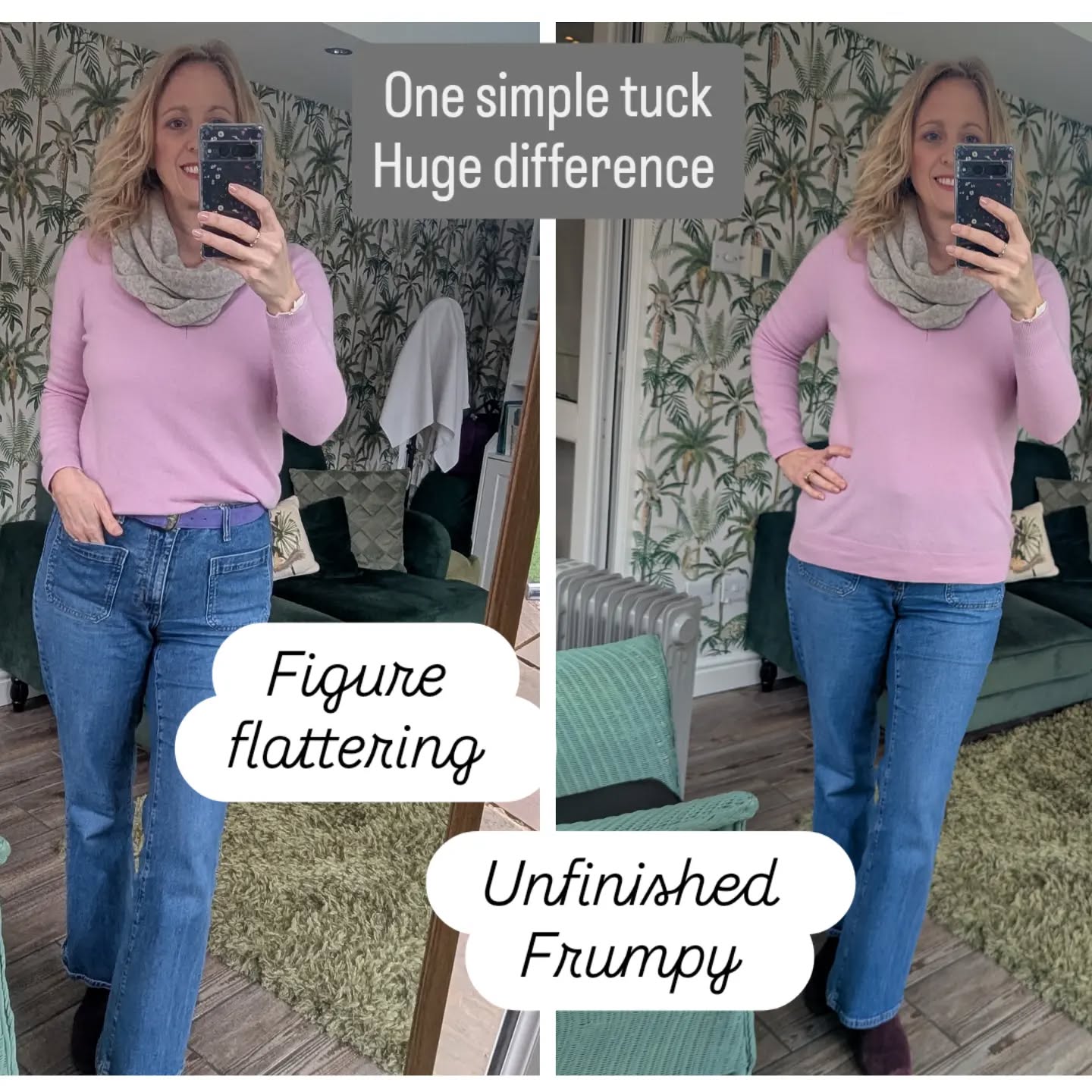 There's a lot of chat about tucking in tops being in or out of fashion for certain generations.
I really don't care for that sort of talk!!
Style is timeless, understanding what works for your bodyshape isn't a trend.
I will always look better with a tucked top because of my bodyshape and proportions;
✅ Smaller waist
✅ Lengthens legs
✅ Shows off slimming vertical trousers details
✅ Evens proportions
Do what works for you and shut out the chatter!
#stylingover40 #stylist #fridayfun #oxford #styleadvice