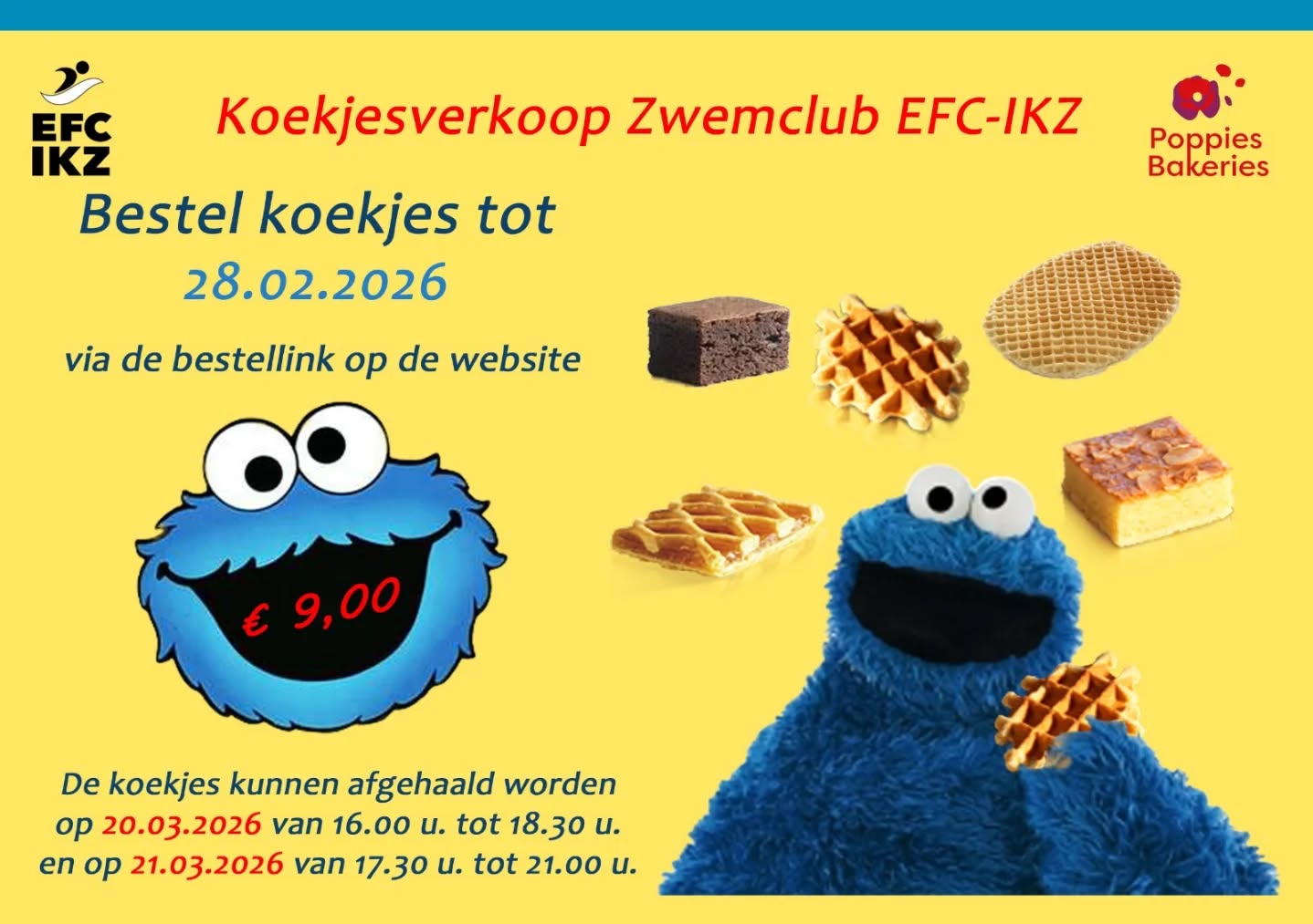 De Koekjesactie is er weer! 🍪
Onze jaarlijkse koekjesverkoop is terug. Geniet van heerlijke Poppies-koekjes (±800 g) aan €9 per doos en steun tegelijk onze zwemclub. De opbrengst gaat naar nieuw materiaal en activiteiten zoals het brevetzwemmen.
Bestellen kan tot zaterdag 28 februari 2026.
Afhalen op 20 of 21 maart 2026.
Bestellen doe je via dit formulier:
https://docs.google.com/forms/d/1f3ZJ5CRCNQ-Z5DebH2yzH9U9mDf6XevSUWjsrdIkkik/preview
Alvast bedankt voor jullie steun!