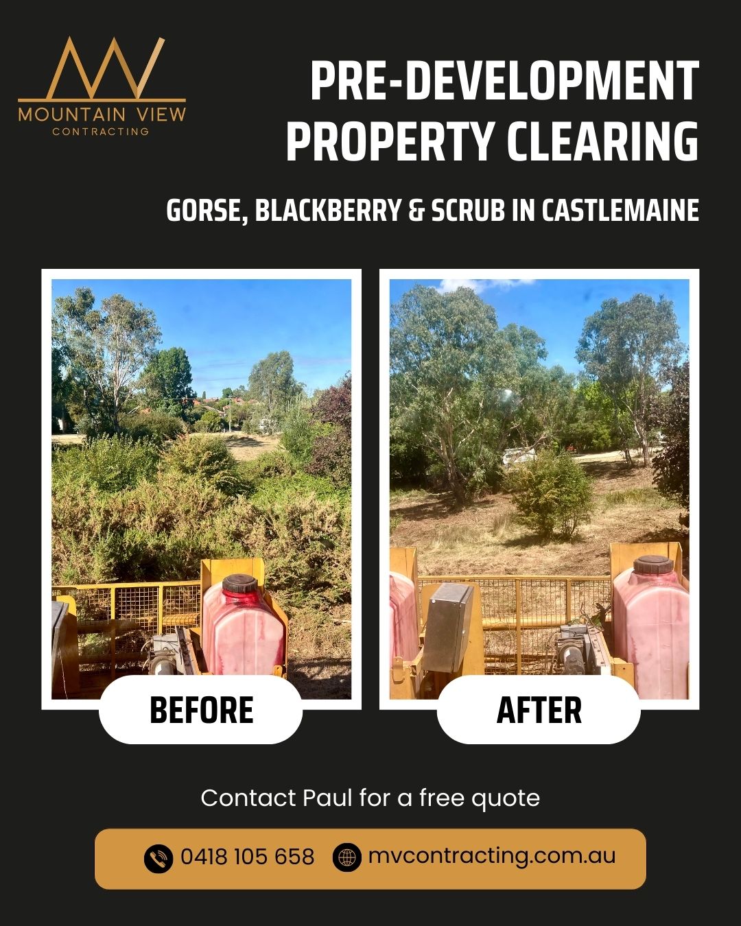 Before any development begins, the land has to be made workable—and that starts with clearing the right way.
We recently completed a creek line clean-up in Castlemaine, removing gorse, blackberry, and heavy scrub to prepare the site for future development. The Eco Blade gave us the control needed to work around established trees and natural features, while still cutting and treating invasive weeds at the root.
The result? A safer, clearer, and more accessible block, ready for the next phase.
Contact Paul via messenger or the MVC website for a free quote.
.
.
.
.
.
#mountainviewcontracting #mvcontracting #earthworks #gisborne #macedonranges #ballarat #mitchellshire #creswick #daylesford #trentham #glenlyon #ashbourne #tylden #lyonville #hepburnshire #mtalexandershire #harcourt #castlemaine #maldon #woodend #lancefield