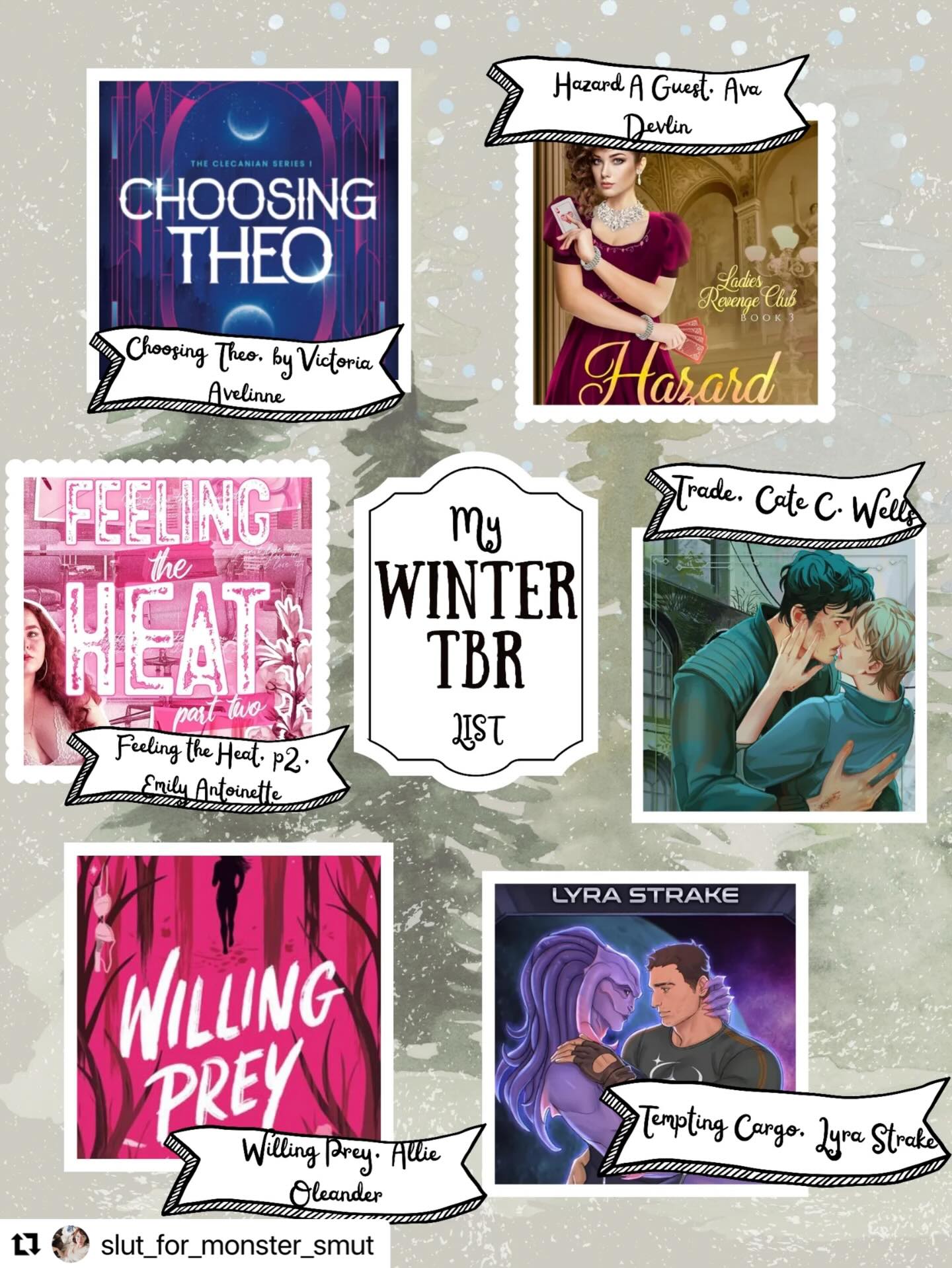 #Repost @slut_for_monster_smut
・・・
Alright! I sorted through my TBR pile and found the books I’m hoping to tackle this winter. Will I get through all of these? Hell to the no. I’ve either grossly overestimated how much I can read or I’ll find a new author to become obsessed with and read her entire library of books instead 😬. We shall see.
But, I am pretty excited! Look at all those pretty covers 😍.
#winter2026 #bookstoread #romance