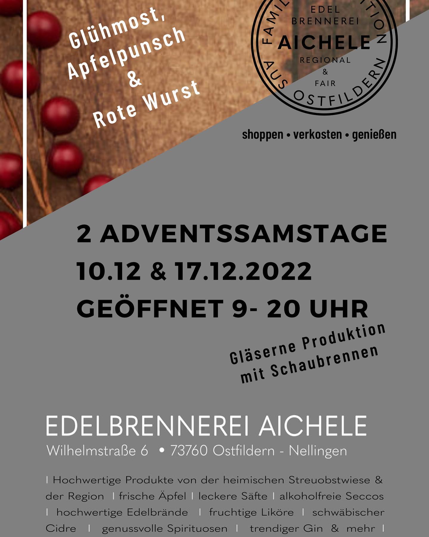 Herzliche Einladung zu unserem Adventsverkauf, jetzt schon an Weihnachten denken, wir haben auch tolle Geschenkverpackungen. Neue Produkte probieren 😃 und der Brenne beim arbeiten zuschauen. Und zur Stärkung verwöhnen wir euch mit Punsch und Glühmost aus eigener Herstellung, sowie Leckereien vom Grill. #weihnachten #grillen #brennerei #aichele #Geschenke #weihnachtsmarkt #apfelpunsch #glühmost #lecker #weihnachtlich #gemütlichkeit #schaubrennen #ostfildern #denkendorf #neuhausen #berkheim #nellingen #esslingen #region #stuttgart #handwerk #regional