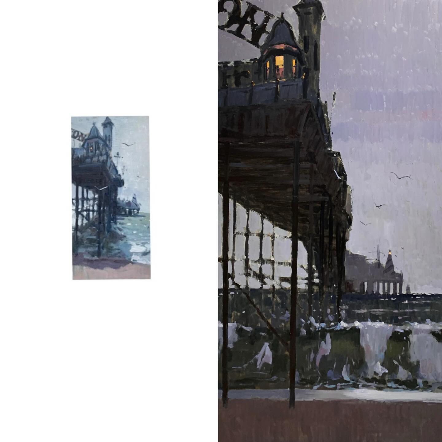Good morning. Today, I have officially taken fifty trips around the sun. Over that 28-billion-mile journey, I have gained little in the way of understanding, but I have made a lot of paintings, and it feels like a good time to share some thoughts in the shape of a small book, a companion rooted in my experiences as a plein air painter. It has grown out of what I have noticed, struggled with, and come to value along the way, and I hope it might offer some solace to others on this winding path. I look forward to sharing more about this very soon.
It also seems unlikely that I will clock another half century, so I plan to make the most of this one. Alongside my little book project, I am also planning to make bigger paintings. I am looking for stories within my plein air work that feel ready to grow into larger studio pieces.
Here is the first, Brighton Pier. Compared to the plein air sketch, I lowered the vanishing point to emphasise the height and fragility of this perilous stick house hovering above the crashing waves. I pushed the waves for a little more drama and imagined myself taking refuge in the illuminated kiosk on the pier, that small pool of light feeling reassuring against all that exposure. It is really hard work. This one measures 4 × 2 ft. I look forward to sharing more with you when they materialise.
And thirdly, new dates for outdoor painting workshops.
I am really excited to announce new outdoor painting workshops for the year ahead, including some London dates that I am especially looking forward to. Details are now up on my website:
https://www.tommarsh.co.uk/mw-workshop
I will be posting more about these in the coming weeks.
Thank you to everyone who has supported me and my work. It truly means a lot.
#pleinairbook #artbook #pleinairworkshop #brightonpier
@royalinstituteofoilpainters