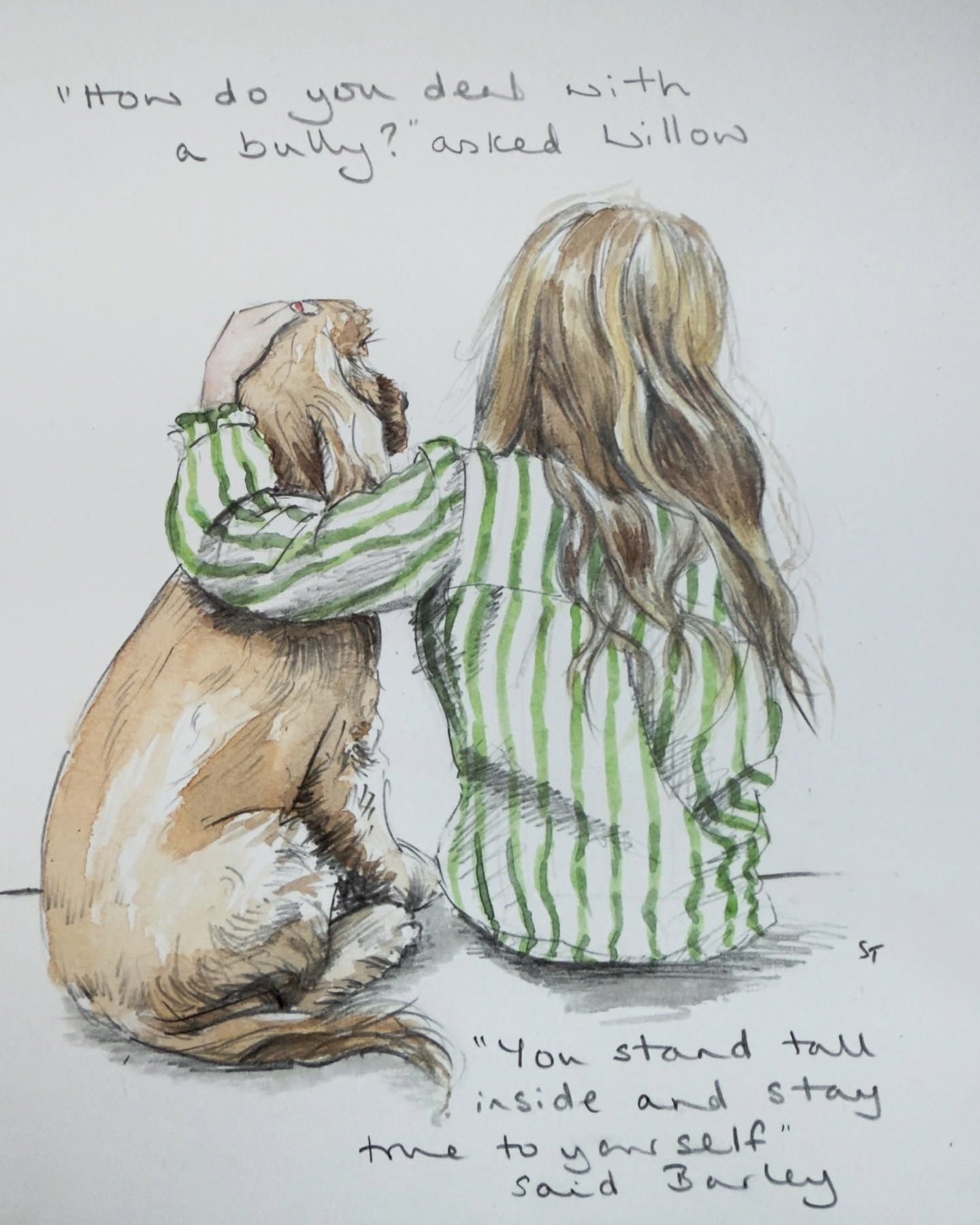 Been thinking about bullies lately and how difficult they are to navigate whether at school, at work or on the world stage.
Willow isn’t being bullied but we’ve had our fair share of meanness over the years (often about my kids having red hair!!). I know a lot of people whose kids are having an awful time right now and it’s appalling.
I don’t understand it. I don’t understand what’s happening in the world either. So I’ve drawn a picture about bullies instead.