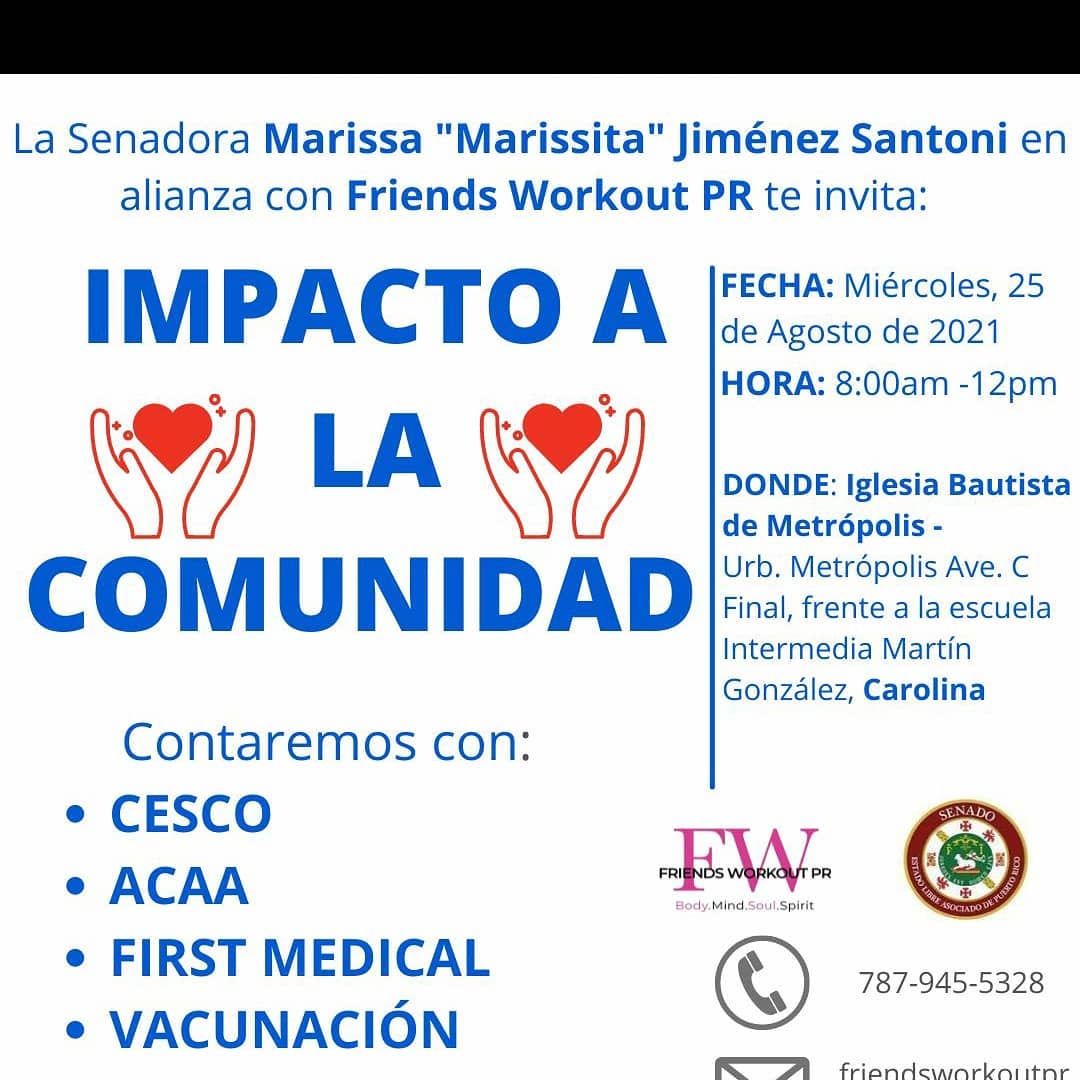 Feria de Salud y Vacunación
Día: Miércoles, 25 de agosto de 2021
Horario: 8:00 am a 12:00 pm
Lugar: Iglesia Bautista de Metrópolis, Carolina PR
Habrá vacunación, clínicas para hipertensión, diabetes, entre otras. Libre de costos.
Visita nuestro blog en:
http://alzheimerytu.com/
Suscríbete a nuestro boletín
http://alzheimerytu.com/suscribete/
