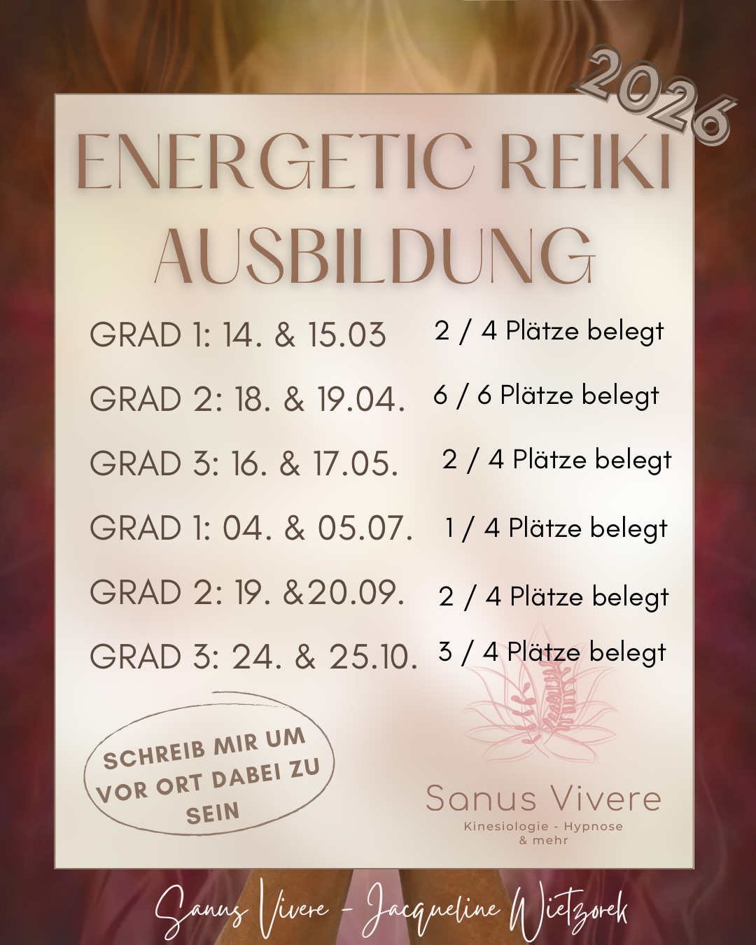 Ihr Lieben, da die meisten Kurse schon wieder ausgebucht waren, habe ich nochmal nach Impulsen gewartet, und auch Input bekommen. Ein paar Kurse sind dazu gekommen.
Nutzt Eure Chance für Wachstum und die Neuanfangsenergie in 2026, um für Euch durchzustarten.
Jeder kann diese Ausbildung mitmachen und sich freuen, auf ganz viel Wachstum, Heilung und Selbstbestimmtheit.
Reserviert Euch Plätze, wenn Ihr ein Gefühl bekommt, gerne dabei zu sein. Du wirst unterstützt dabei, auch finanziell wird es Dir möglich gemacht werden, vertraue darauf. Auch das habe ich in den letzten Jahren erfahren dürfen. 🙏
Ich freue mich, dass dieses Jahr auch 2 Lehrer ausgebildet werden, 2 wundervolle Menschen, die mich dieses Jahr begleiten dürfen und möchten, um alles selbst weiterzugeben.. ❤️
❤️
Ich helft mir, wenn Ihr mich weiterempfehlt und auch die Termine und Infos weitergebt, ich erhalte so viele Nachrichten von Euch, die einfach wundervoll sind nach den Reiki Wochenenden. Gebt dies gerne weiter, damit auch andere so erfüllende Erfahrungen machen dürfen ☺️
Eure Jacqueline
#reiki #reikihealing #reikipractitioner #reikilove #reikimaster
