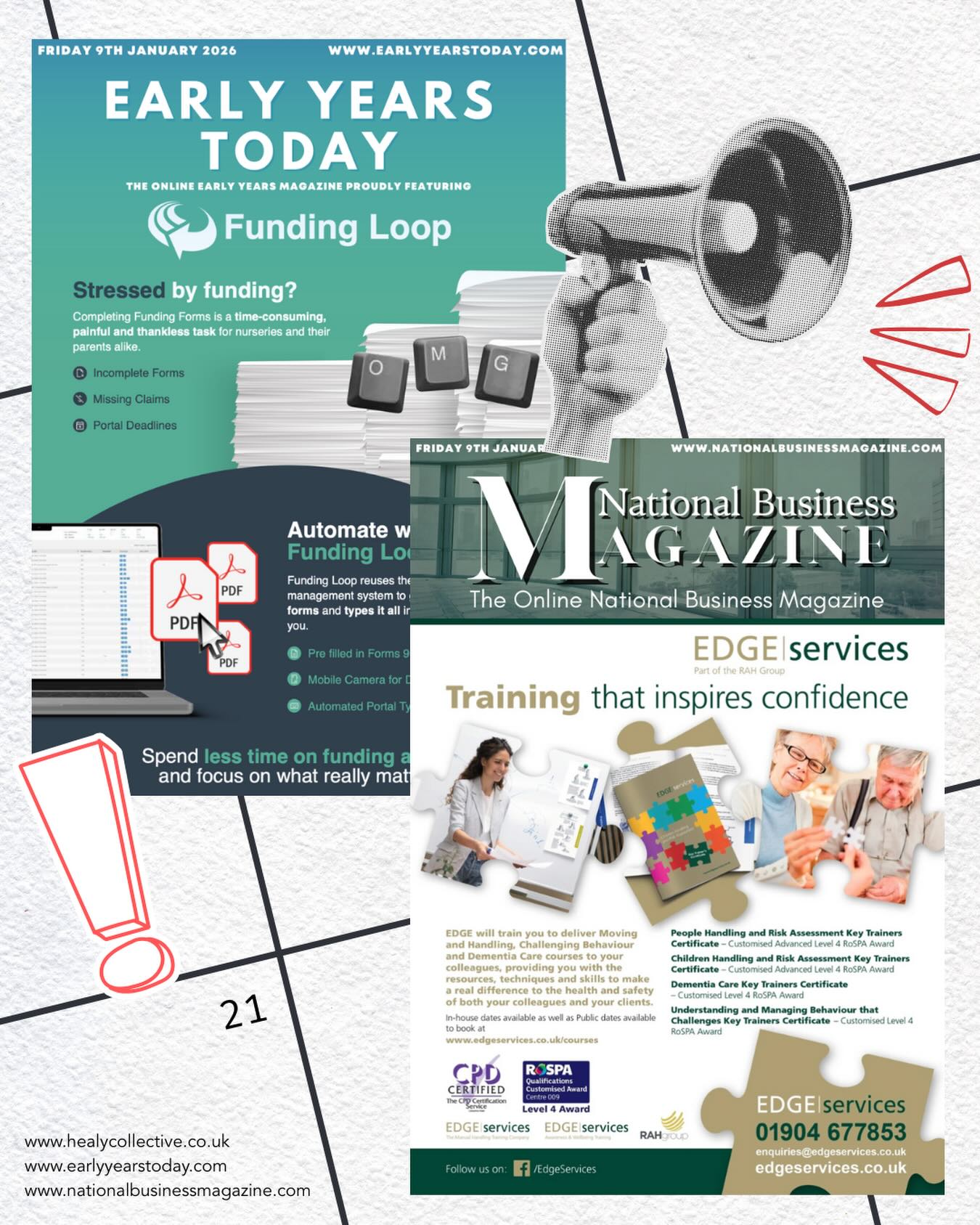 Proud to continue our collaborations with two outstanding organisations making real impact in their sectors.
Funding Loop returns to the front cover of Early Years Today, supporting nurseries and providers by streamlining funding processes and reducing admin pressures.
EDGE Services features on the front cover of National Business Magazine, championing training that builds confidence and strengthens services across the care and education landscape.
A huge thank you to both teams for trusting our platforms and for continuing to grow with us.
