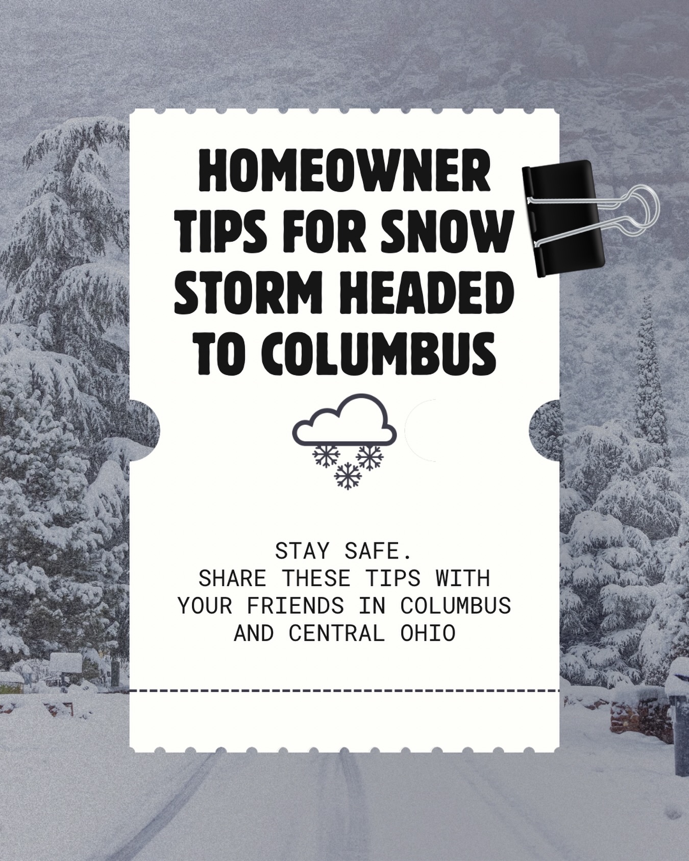 ❄️ Columbus Snow + Sub-Zero Temps Incoming! 🥶⚡
Be ready for heavy snow and potential power outages:
🔋 Charge devices & backup batteries – phones, tablets, power banks
🕯️ Flashlights, candles & extra batteries – power may go out
💧 Fill containers with water – pipes could freeze or water service might be disrupted
🥫 Stock non-perishable food – canned goods, snacks, ready-to-eat meals
🛠️ Manual can opener ready – don’t get stuck hungry
🚰 Protect pipes – drip faucets & open cabinet doors under sinks
🧣 Gather blankets, jackets & layers – extreme cold can be dangerous
🚪 Know how to manually open your garage door
❄️ Limit fridge/freezer openings – keeps food cold longer
⛽ Keep your car fueled & charger inside – in case travel is necessary
Stay safe, Cbus—plan ahead and stay warm! 🌨️💙