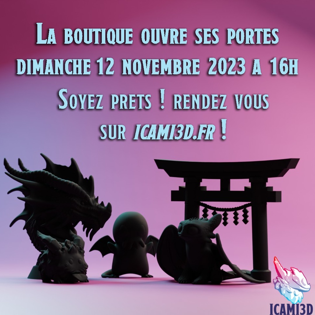 Bonjour à toutes et à tous !
La boutique est presque finalisée... Rendez-vous le dimanche 12 novembre à 16h00 pour la visiter ! 🎉
À bientôt sur https://icami3d.fr/ !
__________________________________________
Hello everyone !
The store is almost finalized... See you on Sunday, November 12 at 4:00 p.m. to visit it! 🎉
See you soon on https://icami3d.fr/!
#shop #3dmodel #print #3dprint #modeling #3d #fantasy #roleplay #jeuderole
