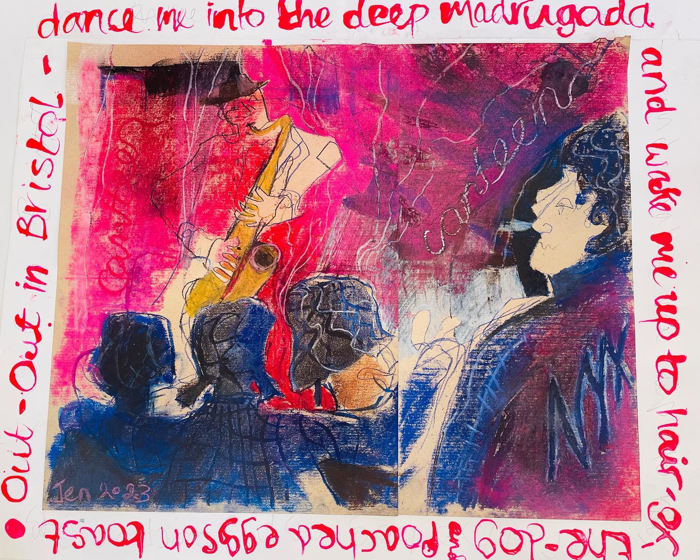 #hairofthedog and #poachedeggsontoast - Re-working recent pic bringing my story into the visual. Loving my #japanese bamboo dip pen for the writing - gloriously #wonky #bristol #outout #madrugada #dancing #walktosee #woodstockartists #goodshipillustration