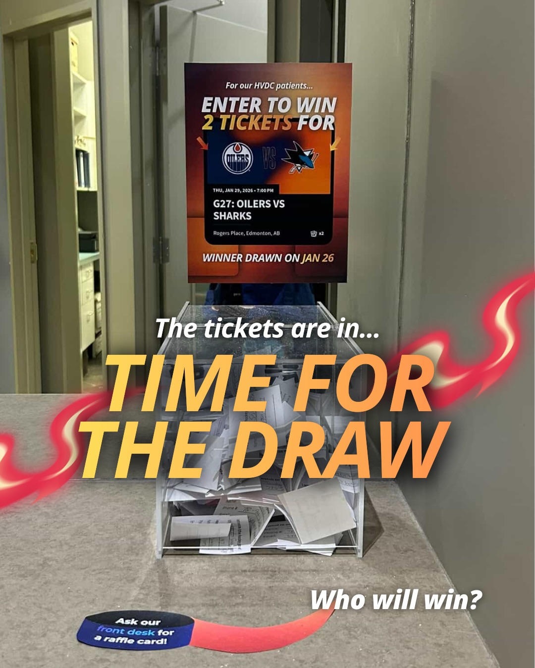 It’s January 26 which means… we’re drawing for the winner of our raffle RIGHT NOW!
And… Congratulations to our lovely patient for winning two tickets to the upcoming Oilers vs. Sharks game at Roger’s Place! Winner has been contacted and will be sent the tickets via email by end of day!
Thank you to all our patients for joining the raffle🥳🥳 We look forward to bringing more fun to your appointments like this one! 🙂↕️🏆✨
#yegdental #dentalclinic #oilers