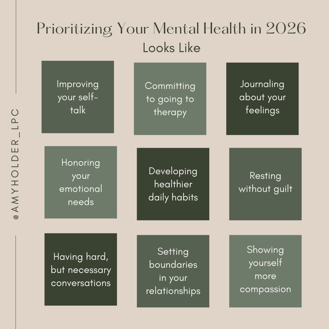 How will you prioritize your mental health this year?
It might look like…
- Improving your self-talk
- Committing to going to therapy
- Journaling about your feelings
- Honoring your emotional needs
- Developing healthier daily habits
- Resting without guilt
- Having hard, but necessary conversations
- Setting boundaries in your relationships
- Showing yourself more compassion
Follow @amyholder_lpc for more mental health content.