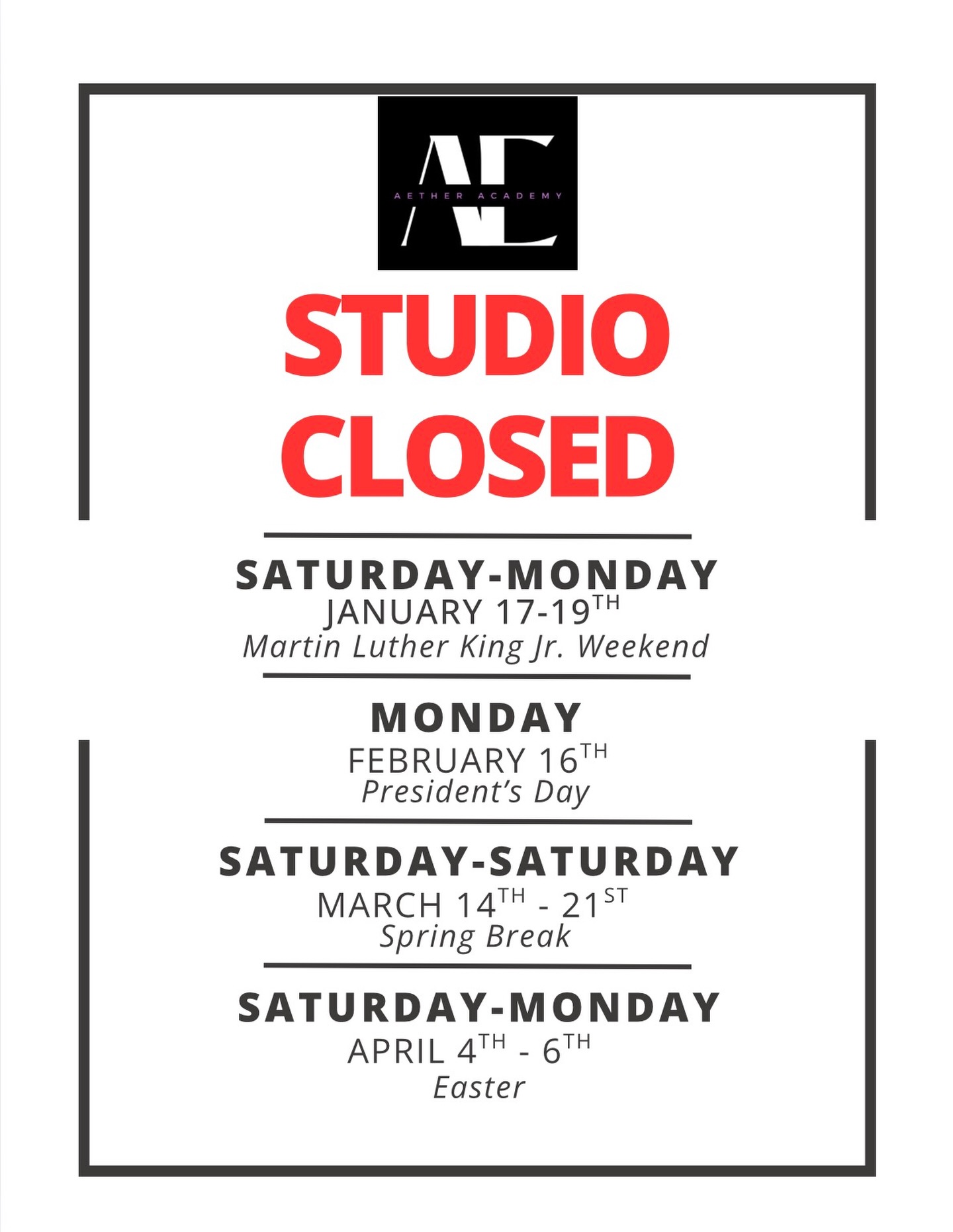 Upcoming Studio Closed Dates
Jan-April
#dance #dancestudio #dancerslife #theater #performingarts