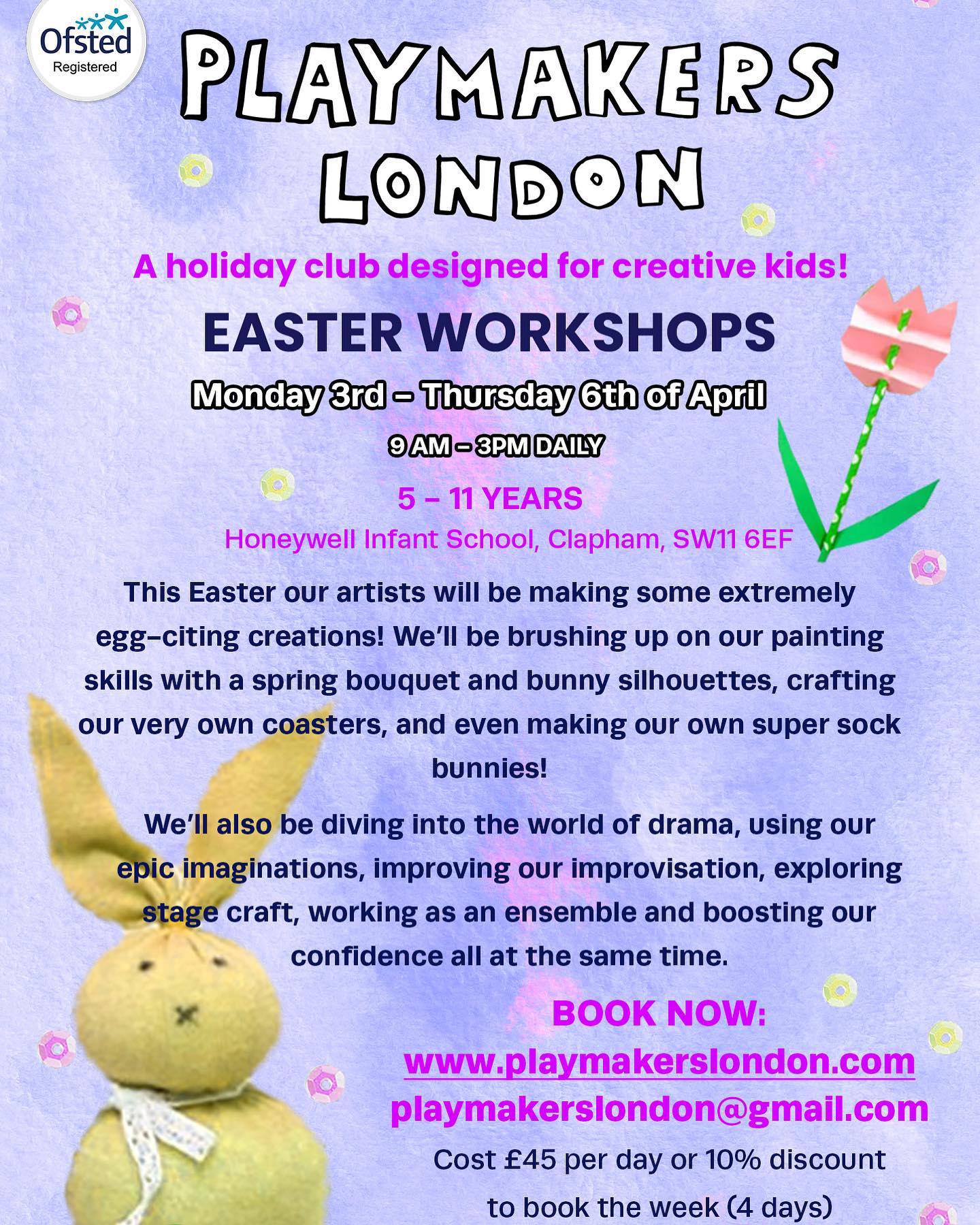 We are so egg-cited to announce our upcoming Easter workshops 🥳🎉🎊!
Monday 3rd- Thursday 6th April, 9am-3pm daily at Honeywell School 🤩
Childcare Vouchers welcome!
If you would like to book your child/children please send me an email on playmakerslondon@gmail.com
Hope to see you there ⭐️💥🌈