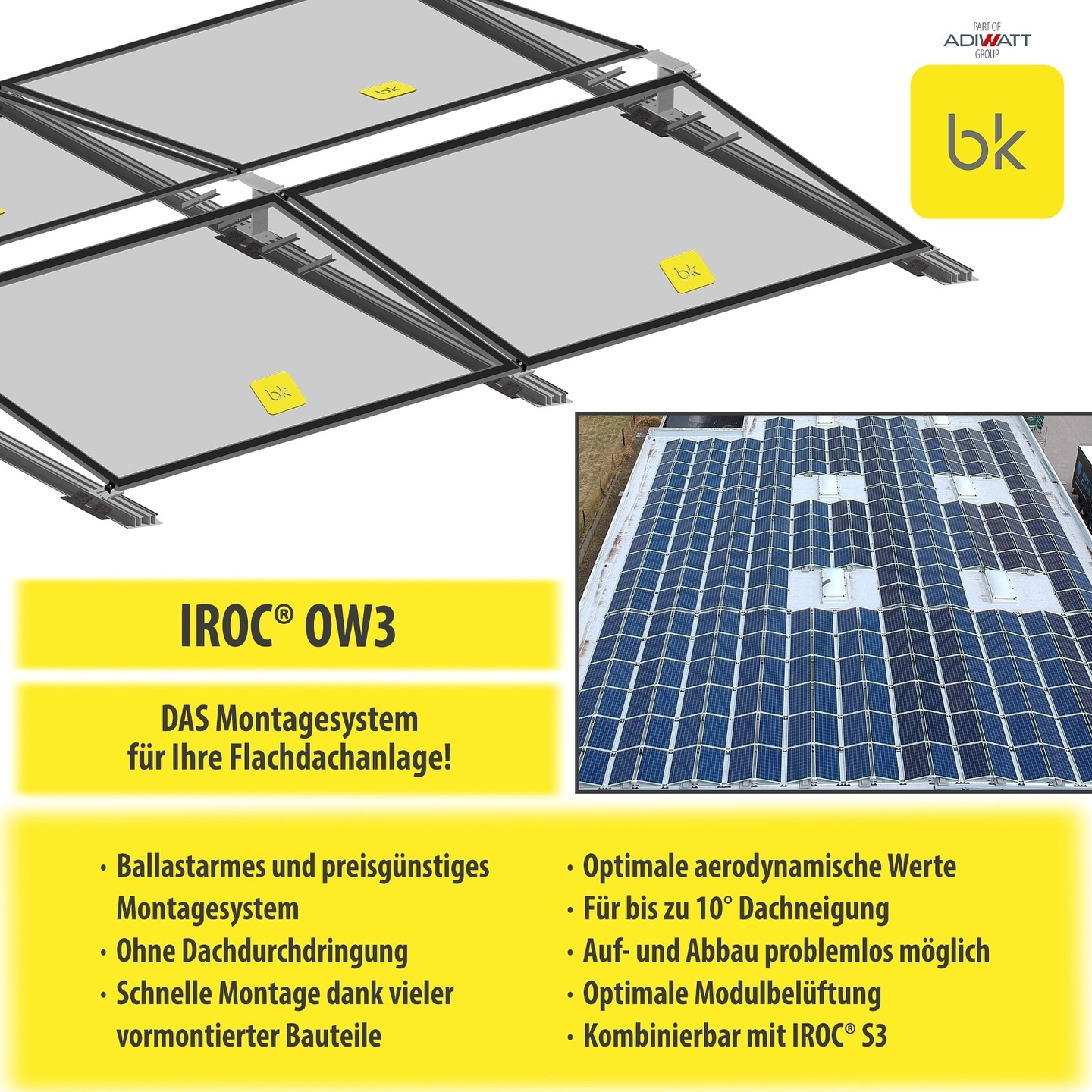 Das Ost-West-Montagesystem
für Ihre Flachdachanlage - IROC® OW3!
+++ ausgereiftes & bewährtes PV-Montagesystem +++ ballastarm & preisgünstig +++ für bis zu 10° Dachneigung ohne Dachdurchdringung +++
Das Flachdach-PV-Montagesystem IROC® OW3 (Ost-West-Ausrichtung) ist leicht, preisgünstig, schnell zu montieren und in einem Aufständerungswinkel von 10° und 15° erhältlich. Dank des durchgehenden Bodenprofils wird ein zuverlässiger Verbund der Reihen gewährleistet, wodurch sich eine geringere Ballastierung als bei handelsüblichen Systemen ergibt. Durch den Firstspalt zwischen den Modulen wird der Druckausgleich der Windkräfte optimiert und der erforderliche Ballast zusätzlich reduziert.
Testen Sie jetzt unser seit Jahren bewährtes und zuverlässiges IROC® OW3 Montagesystem für Ihr Flachdachprojekt.
Wir freuen uns auf Ihre Anfrage!
#solar #zukunft #solartechnik #pvsolution #pvsystem #solarpowerplant #pvmontagesysteme #mountingsystems #module #solarsystems #solarenergy #solarpower #sunpower #photovoltaik #iroc #freiflächenphotovoltaik #pvunterkonstruktion #solarunterkonstruktion #kundenservice #handwerk #gewerbe #industrie #innovation #energie #grüneenergie #energiewende #bksolarezukunft #bksolarsystem