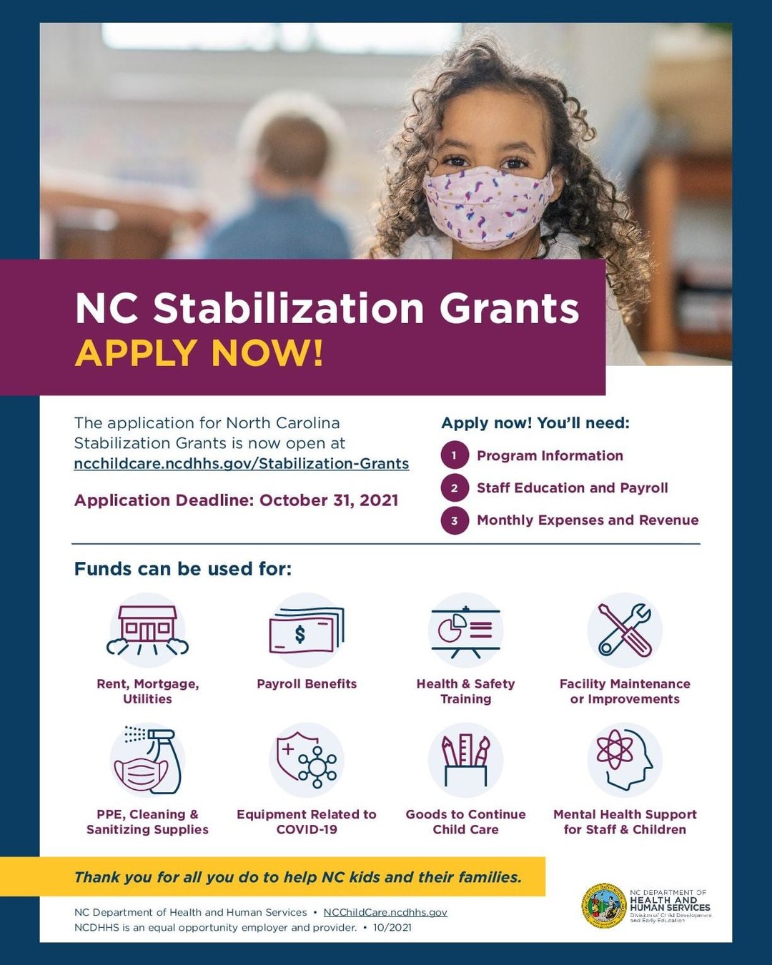 If you are a childcare provider, in NC, this opportunity is for you! The American Rescue Plan Act has made provision to release $805,000,000 for childcare providers, in NC. If you need assistance in completing a grant application, feel free to contact me at presstowardsfreedom@gmail.com.