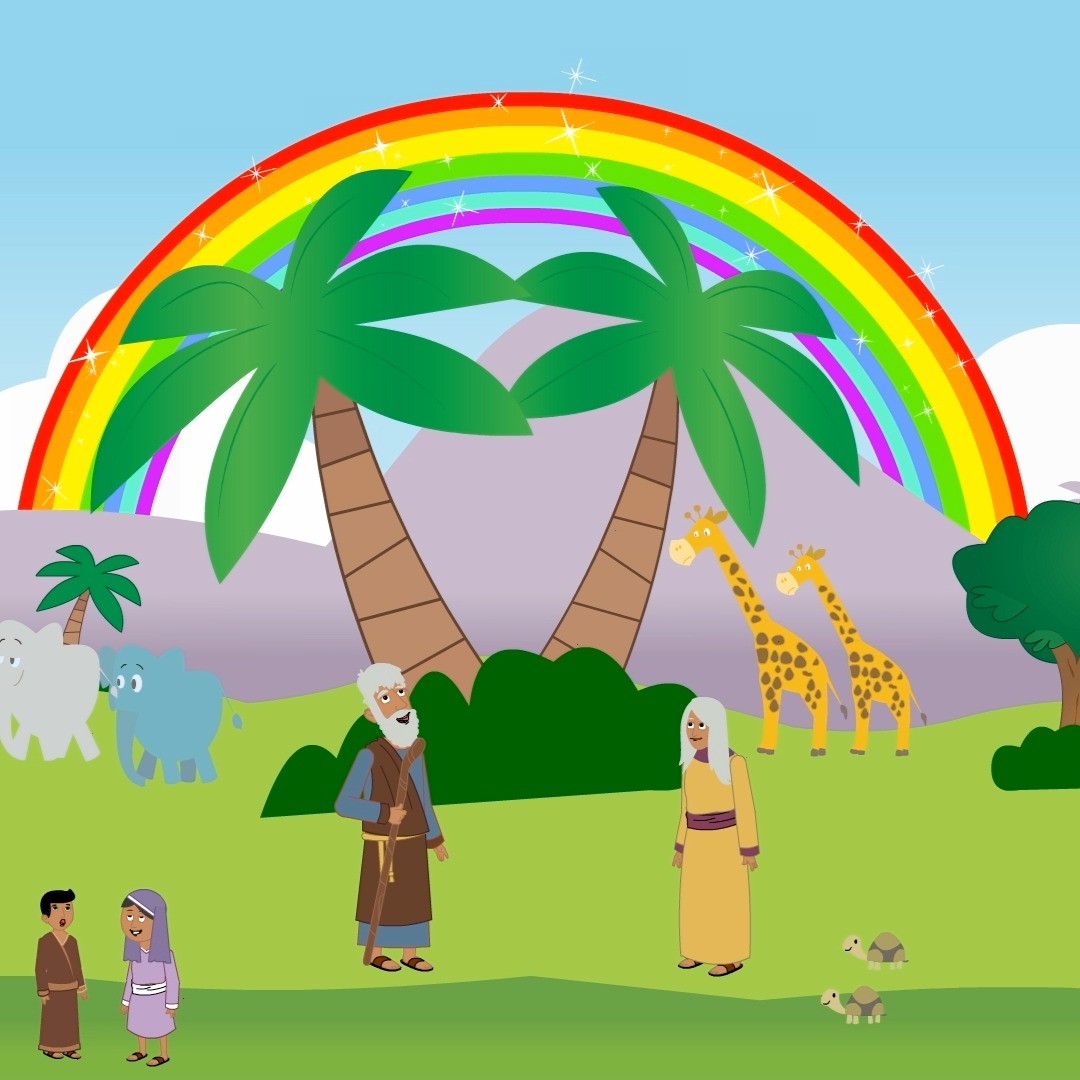 Fleira og fleira fólk fór að gera verri og verri hluti. Það voru deilur og átök, hatur, hefndir og stríð og enginn hlustaði lengur á Guð. Fólk fann alltaf fleiri leiðir til illverka. Guð fór að sjá eftir sköpuninni og vildi byrja upp á nýtt. Hann sagði Nóa að smíða örk sem myndi rúma tvö dýr af hverri tegund og þegar Nói, fjölskyldan hans og öll dýrin voru komin um borð í örkina fór að rigna. Það flæddi um alla jörð en Nói og fjölskyldan hans voru örugg. Guð setti regnbogann á himininn sem minnir okkur á að Guð heldur alltaf loforð sín 🌈