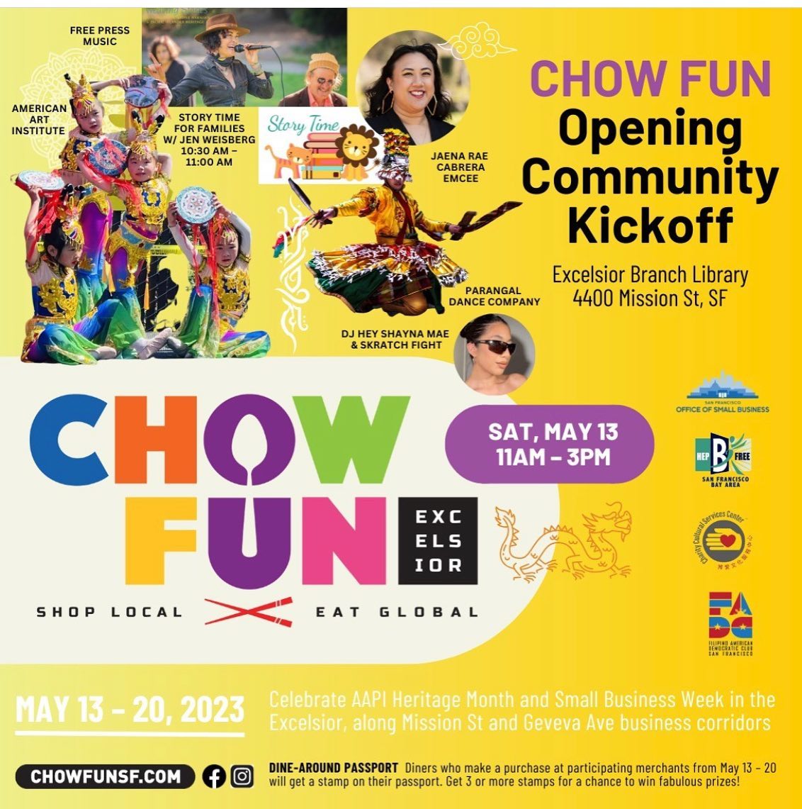Come out today for the #ChowFun #Celebration @pistahansf @sfpubliclibrary Happy #AAPI month! @mihalydave @emmettvanleermusic @thefreepressmusic we start in the Excelsior branch library at 2pm and kids can play percussion with us!