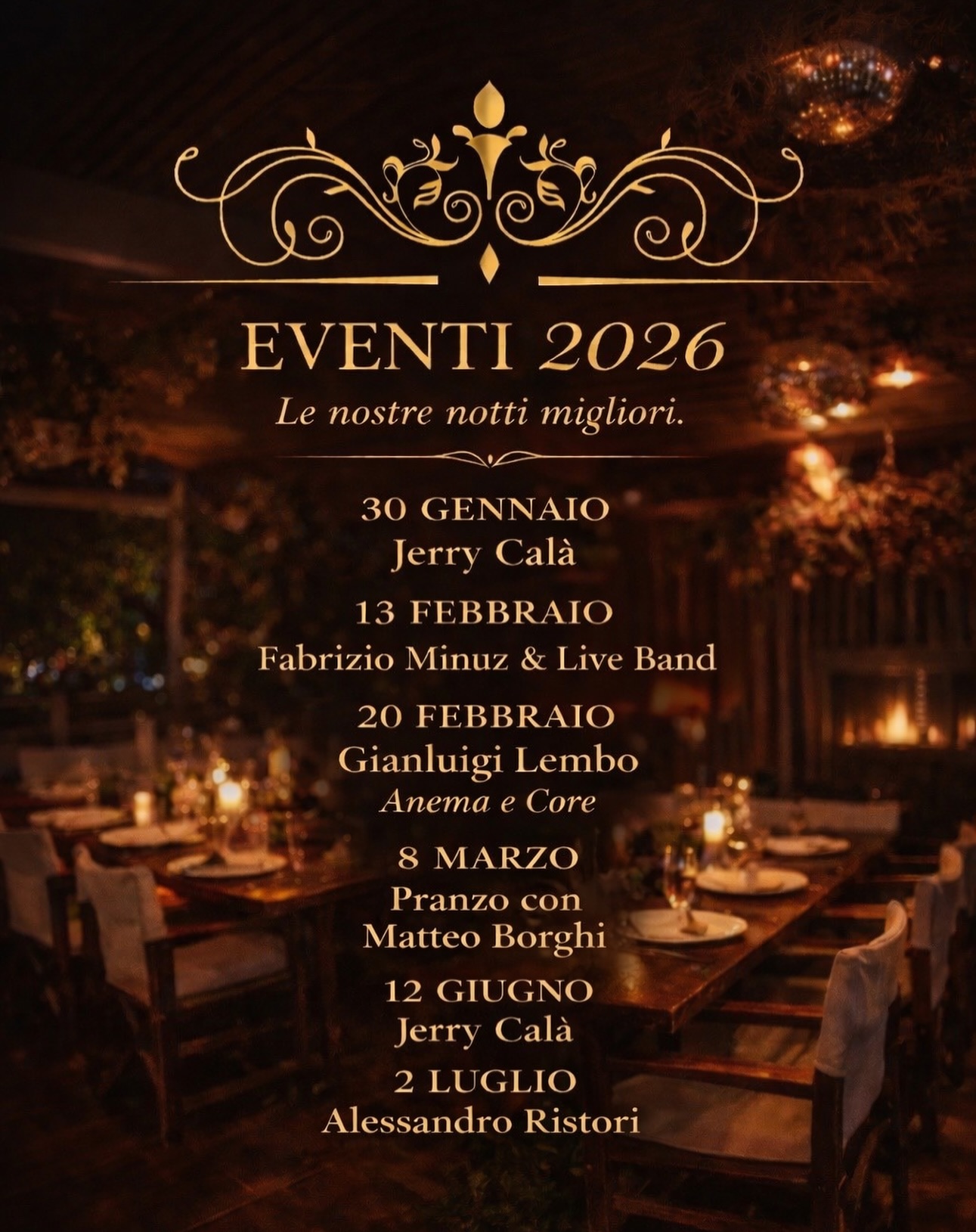 Ci siamo ✨
Si accendono le luci, parte la musica e il 2026 alla Petite Langoustine è pronto a farsi ricordare.
Un anno di cene che diventano serate, brindisi che diventano ricordi, musica dal vivo che accompagna ogni momento.
Questo è il nostro CALENDARIO EVENTI 2026 👇
🎤 30 gennaio – Jerry Calà
🎶 13 febbraio – Fabrizio Minuz & Live Band
🎵 20 febbraio – Gianluigi Lembo Anema e Core
🍽 8 marzo – Pranzo con Matteo Borghi
🎤 12 giugno – Jerry Calà
🎷 2 luglio – Alessandro Ristori
Un calendario da segnare, una tavola da condividere, notti autentiche (e un pranzo speciale) da vivere fino all’ultima nota.
📍 La Petite Langoustine
#Eventi2026 #LaPetiteLangoustine #JanuaryVibes #GenuineVibes #LiveMusic NottiCheRestano