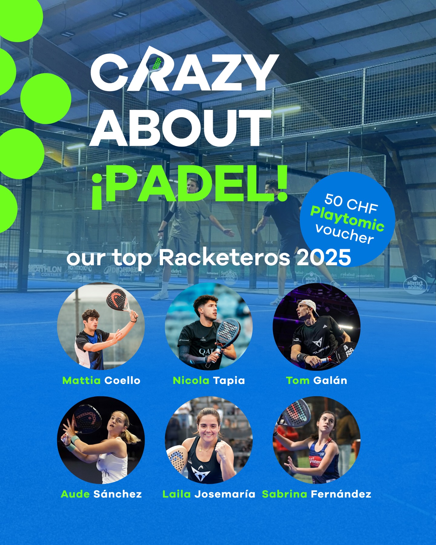 MEET OUR TOP RACKETEROS of 2025 🏆
👀 They have proven to all of us: the more you play, the better you get - let alone the fun you have. 😉
Mattia, Aude, Nicola, Laila, Tom and Sabrina: each of you won 50 CHF on your Playtomic account. Thanks for being part of the Racketeros fam 🫶
Keep pushing for the top spots in 2026 💪 by spending the most time on our courts 😎
🎾🎾🎾
VOICI NOS MEILLEURS RACKETEROS DE L’ANNÉE 2025 🏆
👀 Vous nous avez tous prouvé que plus on joue, plus on s’améliore, sans parler du plaisir que l’on prend à le faire. 😉
Mattia, Aude, Nicola, Laila, Tom et Sabrina : vous avez chacun gagné 50 CHF sur votre compte Playtomic. Merci de faire partie de la famille Racketeros 🫶
Continuez à vous battre pour les premières places en 2026 💪 en passant la plupart du temps sur nos courts 😎
🎾🎾🎾
DAS SIND UNSERE TOP-RACKETEROS DES JAHRES 2025 🏆
👀 Ihr habt uns allen bewiesen: Je mehr man spielt, desto besser wird man – ganz zu schweigen vom Spaß, den man dabei hat. 😉
Mattia, Aude, Nicola, Laila, Tom und Sabrina: Ihr habt jeweils 50 CHF auf eurem Playtomic-Konto gewonnen. Danke, dass ihr Teil der Racketeros-Familie seid 🫶
Kämpft weiter um die Spitzenplätze im Jahr 2026 💪, indem ihr die meiste Zeit auf unseren Plätzen verbringt 😎
#padel #racketeros #mostplayed #topplayers #padelswitzerland