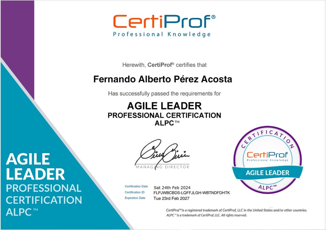 Parte fundamental del liderazgo consiste en el aprendizaje continuo, desde el cual poder abrir nuevas posibilidades y puntos de vista, de refrescar conocimientos y adquirir habilidades, por eso sigo comprometido con llevar lo mejor a las personas y empresas con quienes tengo el privilegio de construir acciones y resultados.
Comparto con emoción este nuevo logro en el camino de seguir creciendo y aprendiendo.
#liderazgo #equiposdealtorendimiento #metodologiasagiles #formacion #aprendizaje #coachingliderazgo #coachingejecutivo #proposito #motivación CertiProf #CertiProf Crear Acción