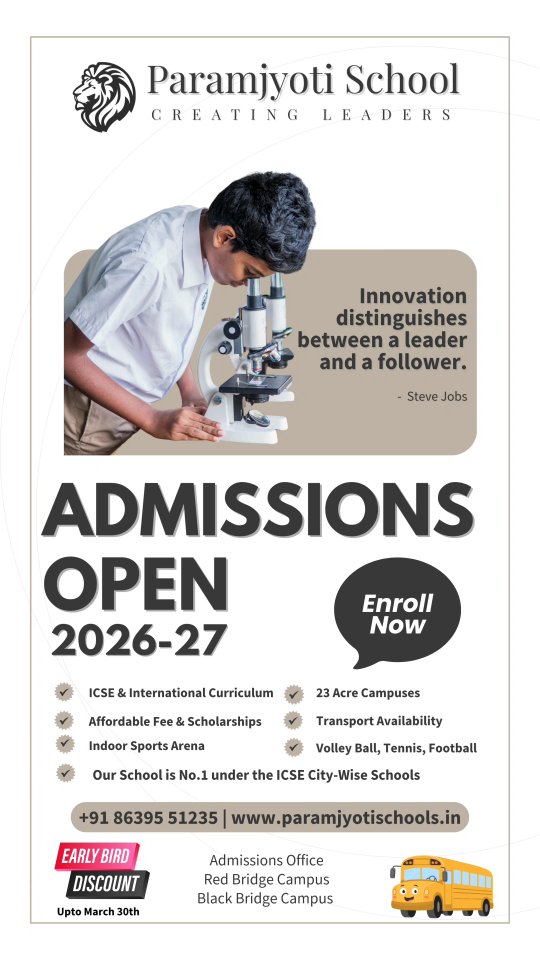 Admissions are now open for 2026–27 🎓
At Paramjyoti School, we nurture young minds to become confident leaders through innovation, values, and excellence.
✔ ICSE & International Curriculum
✔ 23-Acre Campuses
✔ Sports, Scholarships & Transport
✔ Ranked among the top ICSE schools
📍 Red Bridge & Black Bridge Campuses
📞 +91 86395 51235
🌐 www.paramjyotischools.in
👉 Apply now. Limited seats available.